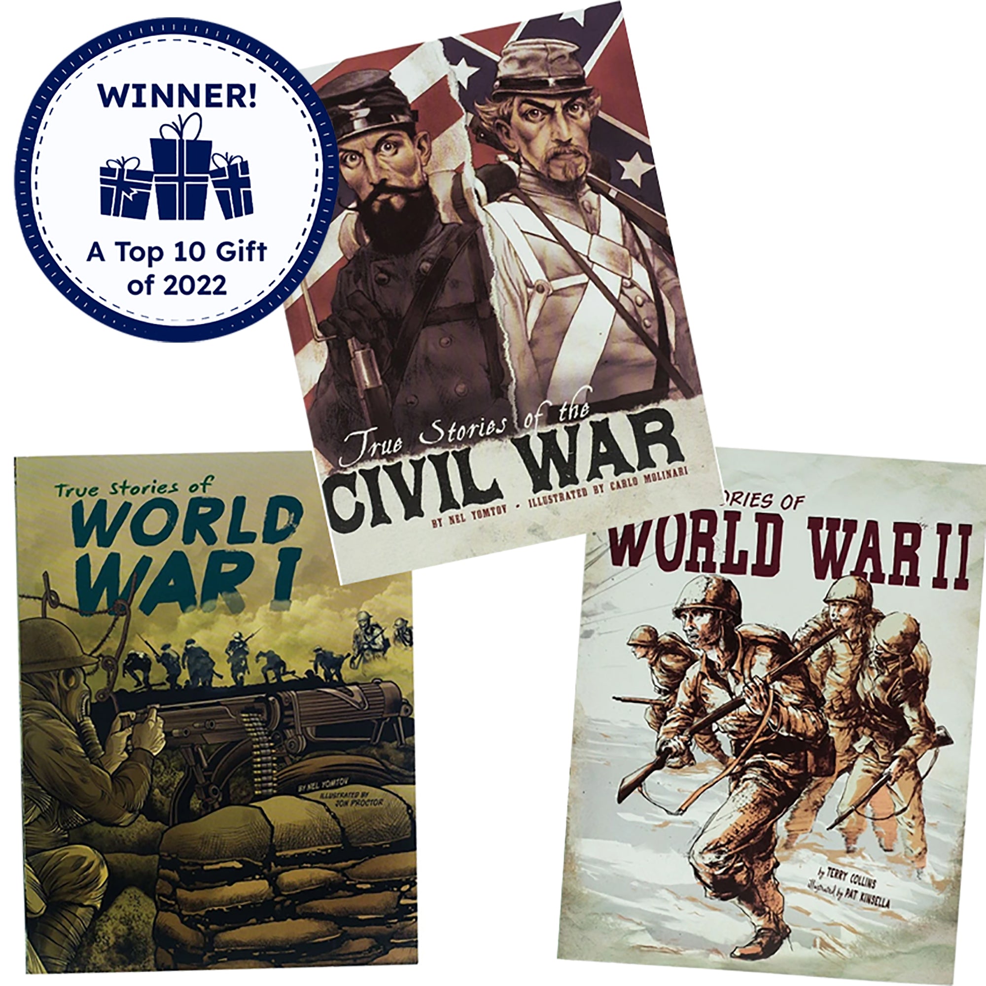 True Stories of War, set of 3 graphic novels. True Stories of World War 1 (bottom-left) shows a man controlling a war gun while soldiers head into battle. True Stories of the Civil War (top-middle) shows 2 soldiers divided. The left soldier stands in front of the American flag. The right soldier stands in front of a Confederate flag. True Stories of World War 2 (lower-right) shows 4 soldiers on moving through water with their weapons ready. The soldier to the right is holding up another soldier.