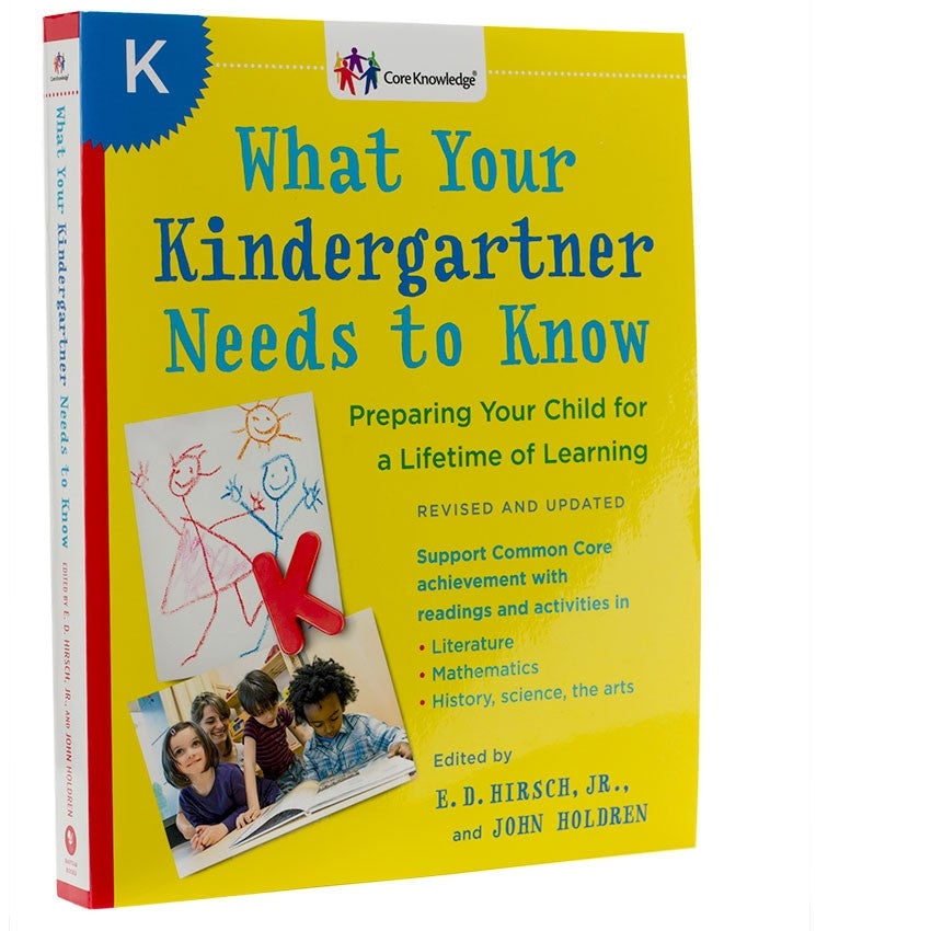 What Your Kindergartener Needs to Know cover. The background is dark yellow with a red border along the spine side and a blue starburst with a white K in the upper-left corner. The book title is written at the top in blues. Below and to the left is a child’s drawing page of 2 stick figures with a sun above them and a red K fridge magnet over the top of the drawing. Below is a photo of 4 children looking through a book in a classroom.