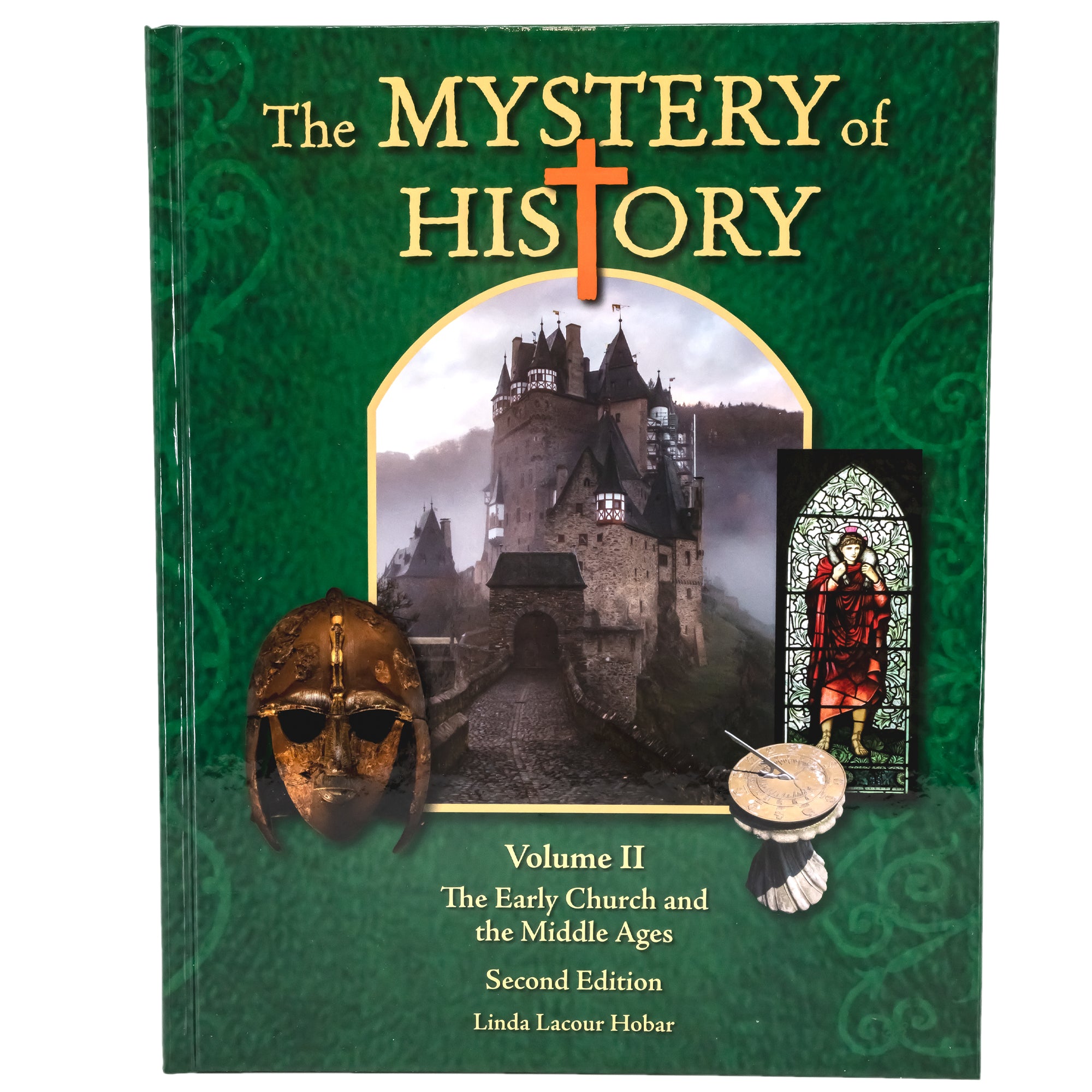 The Mystery of History volume 2 book cover. It is dark green colored with lighter swirls. In the middle is a framed photo of an old stone bricked castle. On the sides of the main photo are 3 images, including; an old metal war mask with holes cutout for eyes, a tall stone sundial, and a stained glass window of a Sheppard in a red robe holding a lamb over his shoulders.