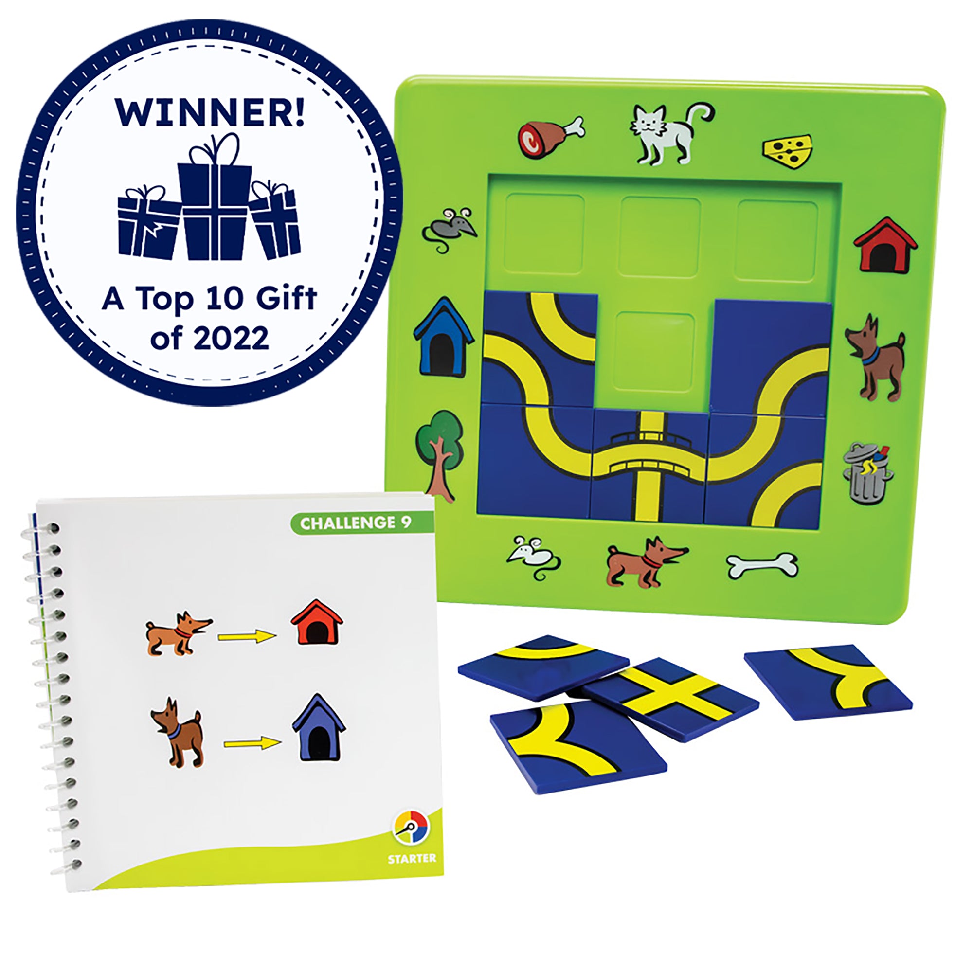 The Cat and Mouse game in play. The game board is bright green with illustrations around the board of pets, outside objects, pet snacks, and pet homes. There are blue and yellow square pathway pieces placed in the middle of the board. There are 4 more square pieces laid out in front of the board, waiting to be placed on the board. In front is the instruction booklet, open to show a challenge. There is a badge reading “Winner! A top 10 gift of 2022” in the top-left.