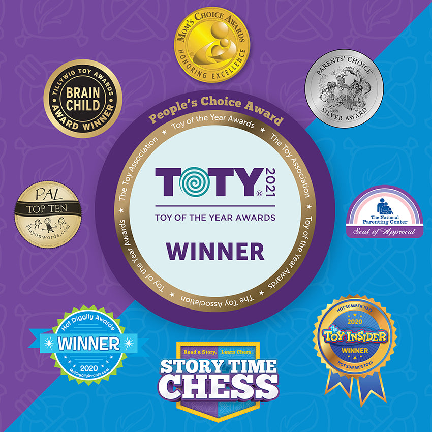 Story Time Chess promotional image. The large, round, center images is the Toy of the Year 2021 awards winner badge. Below is the Story Time Chess logo and surrounding the middle badge are more awards the game has received. There are 8 awards in total. The background is split diagonally down from the top-right to the bottom left and is purple on top and blue on the bottom.