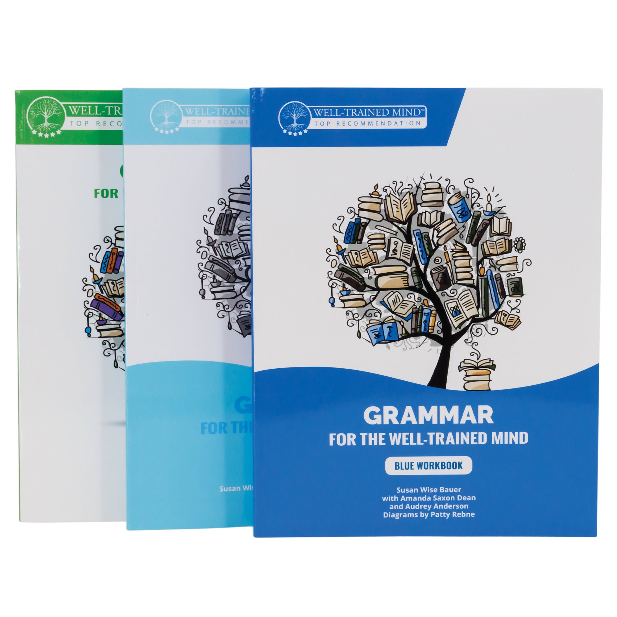 Grammar for the Well-Trained Mind Blue bundle of 3 books. The front book has a white top and a blue bottom with a wave shape between the 2 colors. There is an illustration in the white section of a tree with books for leaves and a stack of books near the trunk. In the blue section at the bottom is white text, including the title and “Blue Workbook.” Tucked behind the blue book is a lighter blue version of this book, then a green version behind the light blue book.