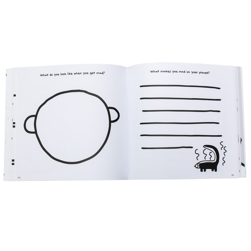 Create Your Own Planet book open to show inside pages. The left page shows a blank head doodle with the text above reading “What do you look like when you get mad?” The right page shows 6 empty lines through the middle of the page and a skunk doodle in the bottom-right. The text at the top reads “What makes you mad on your planet?”
