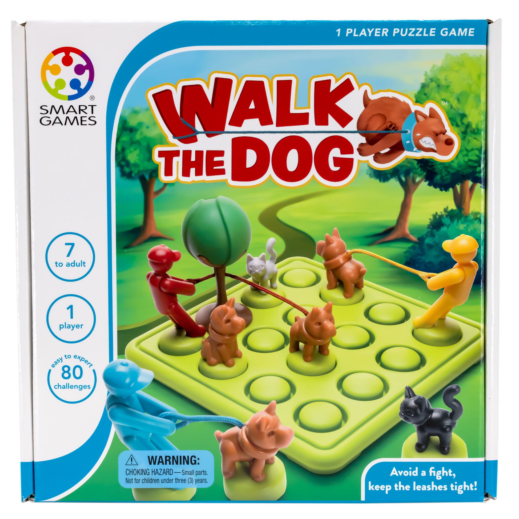 The Walk the Dog Smart box cover. The square game board is bright green with a grid of 4 by 4 circles that allow pieces to be placed on top. The pieces on top are colorful men with leashes attached to a dog, cats, and a tree piece. The background shows a park, but is out of focus. The box indicates that the game is 1-player and is recommended for age 7 or older. There are 80 challenges.