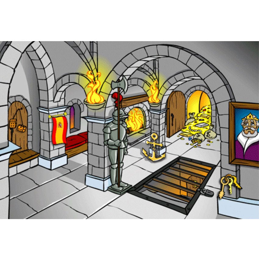 Typing Instructor for Kids screenshot of the inside of a castle rom. In the middle is a suit of armor and a padlocked floor grate covering a staircase with a wood door at the bottom. Amongst the stone columns in the room are fire sconce lights and a lit fireplace. In the back of the room is an open wood door with treasure spilling out. To the right is the picture of a king and keys hanging under the picture. To the left is a wood door with large dice hanging and a flag on the column to the right.