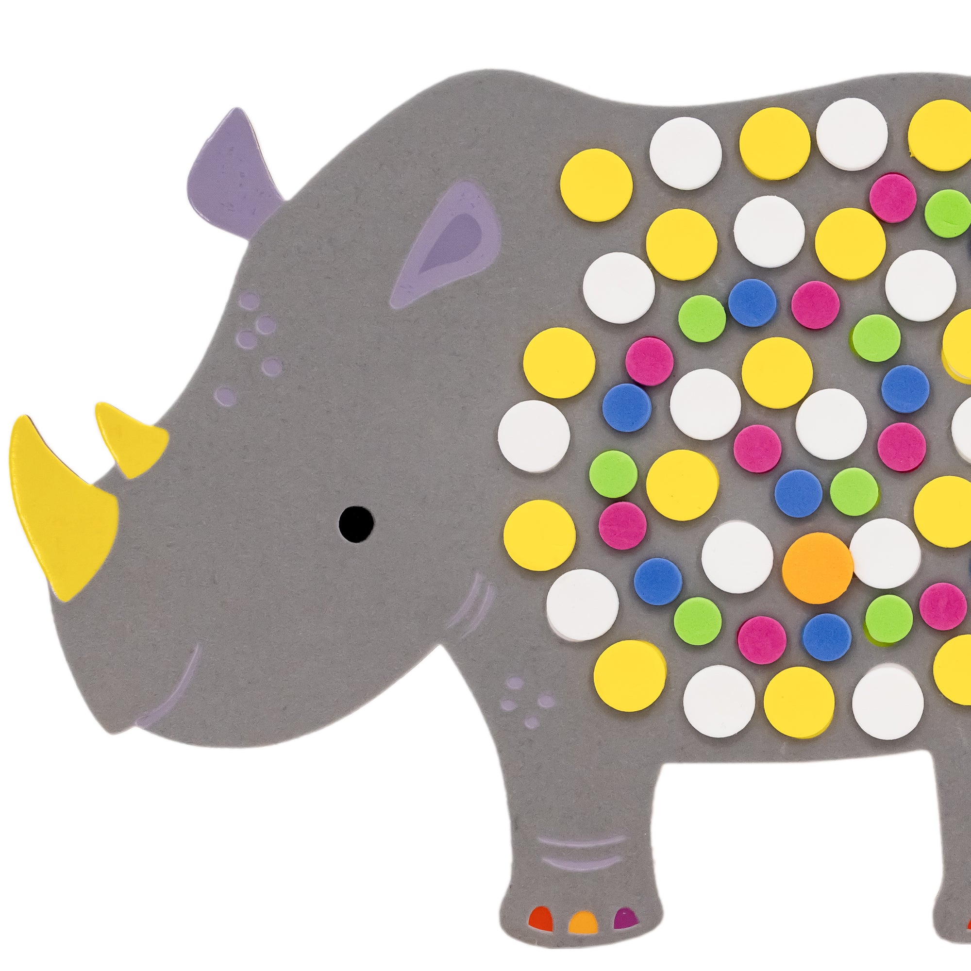 A close up of the Djeco Soft Jungle Mosaics rhino project, assembled. The gray rhino is smiling. The main portion is covered in foam dot stickers of various colors and sizes. The larger dots are white and yellow and the smaller dots are green, pink, and blue.