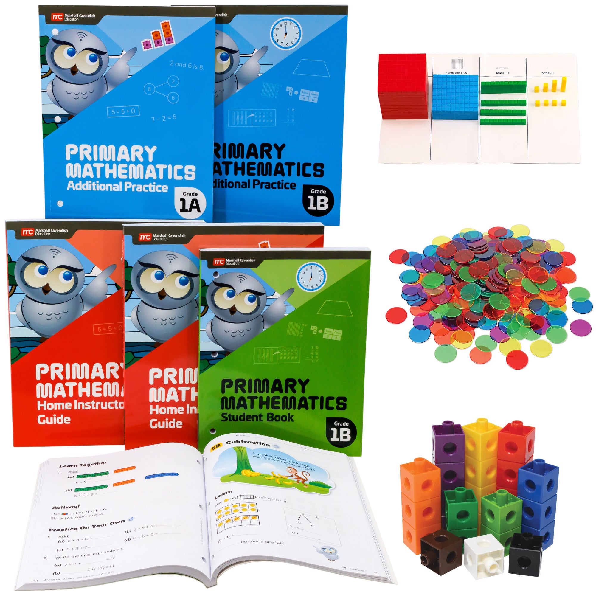 Singapore Primary Mathematics first grade Set. On the left are 6 books with an owl on each cover. Top row shows 2 blue books. Middle row shows 3 books; 2 red and 1 green. On the bottom is one open book showing math problems with manipulatives on the left, and a monkey with bananas under a tree and math problems on the right. On the right are manipulatives in a variety of colors. Top shows blocks. Middle shows connected blocks with holes on the sides of each piece. Bottom shows transparent round tokens.