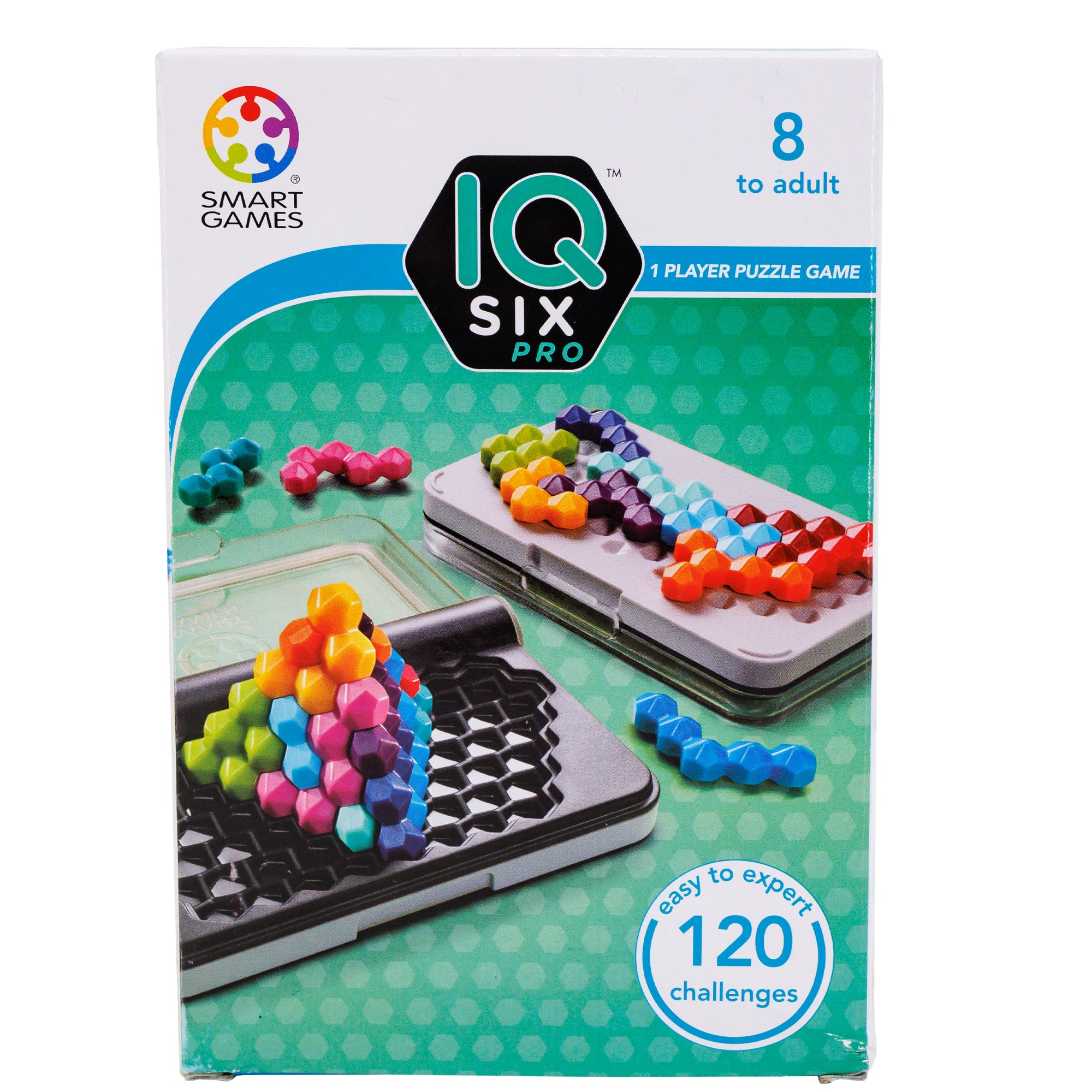 The I Q Six Pro game box. The background is white at the top and green with hexagon shapes covering most of the bottom. The is a photo of the game in play, showing the different ways to play. The hinged game is open to show a hexagon grid on black plastic with a clear lid and pieces stacked into a pyramid on top. The same game board in the back has pieces laid flat in the grid on the back of the board, which is a gray color. There are a few pieces off to the side. The pieces are Tetris style hexagon shape.