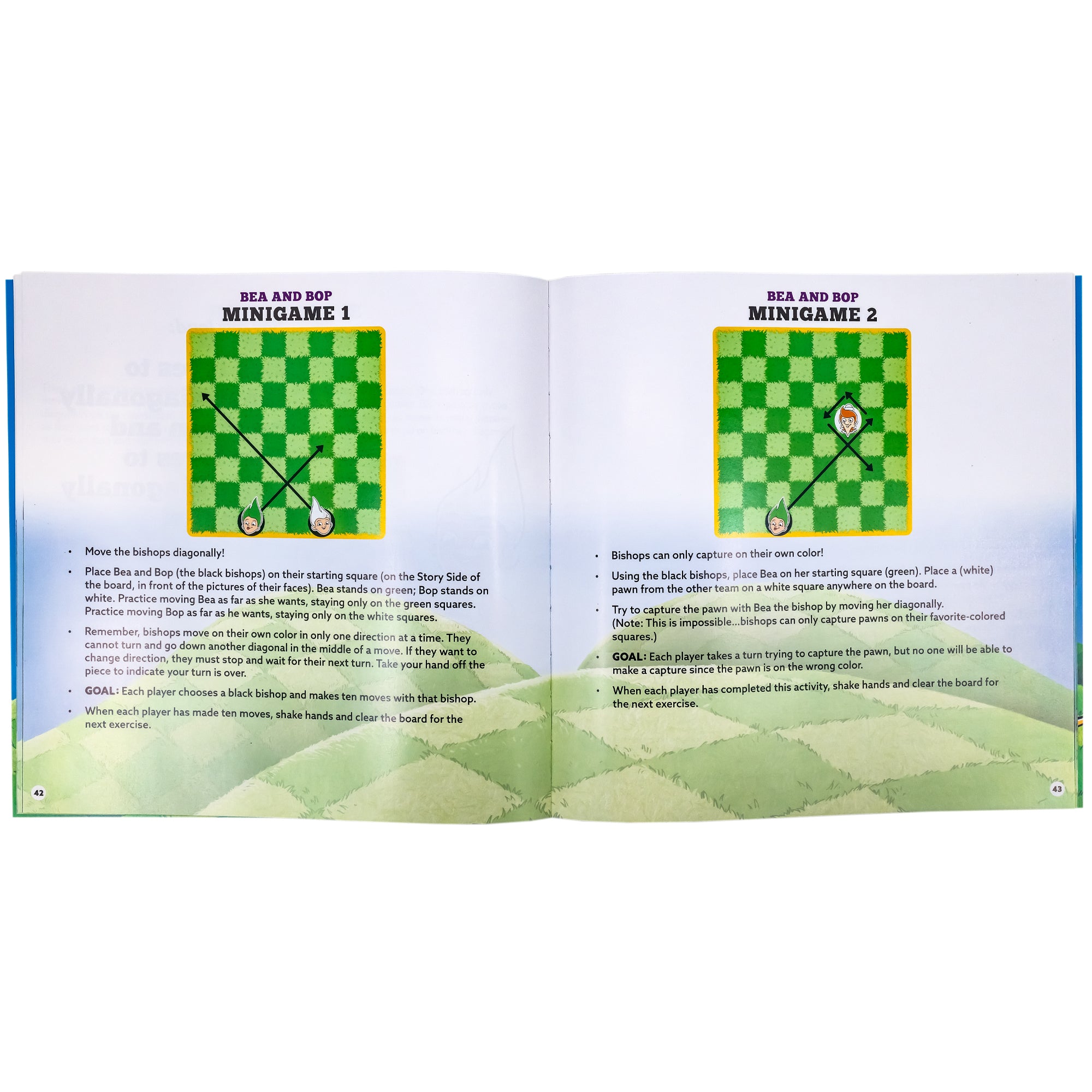 Story Time Chess instruction book open to show 2 mini games. The left page is titled “Bea and Bop, Minigame 1” and the right page is titled “Bea and Bop, Minigame 2.” Under the titles is an illustration of the dark and light checkered game board. There are 2 character images and arrows pointing in the directions they are allowed to move. Under the image is the direction on how to play. The page background is a blue sky with patch work, green, grassy hills.