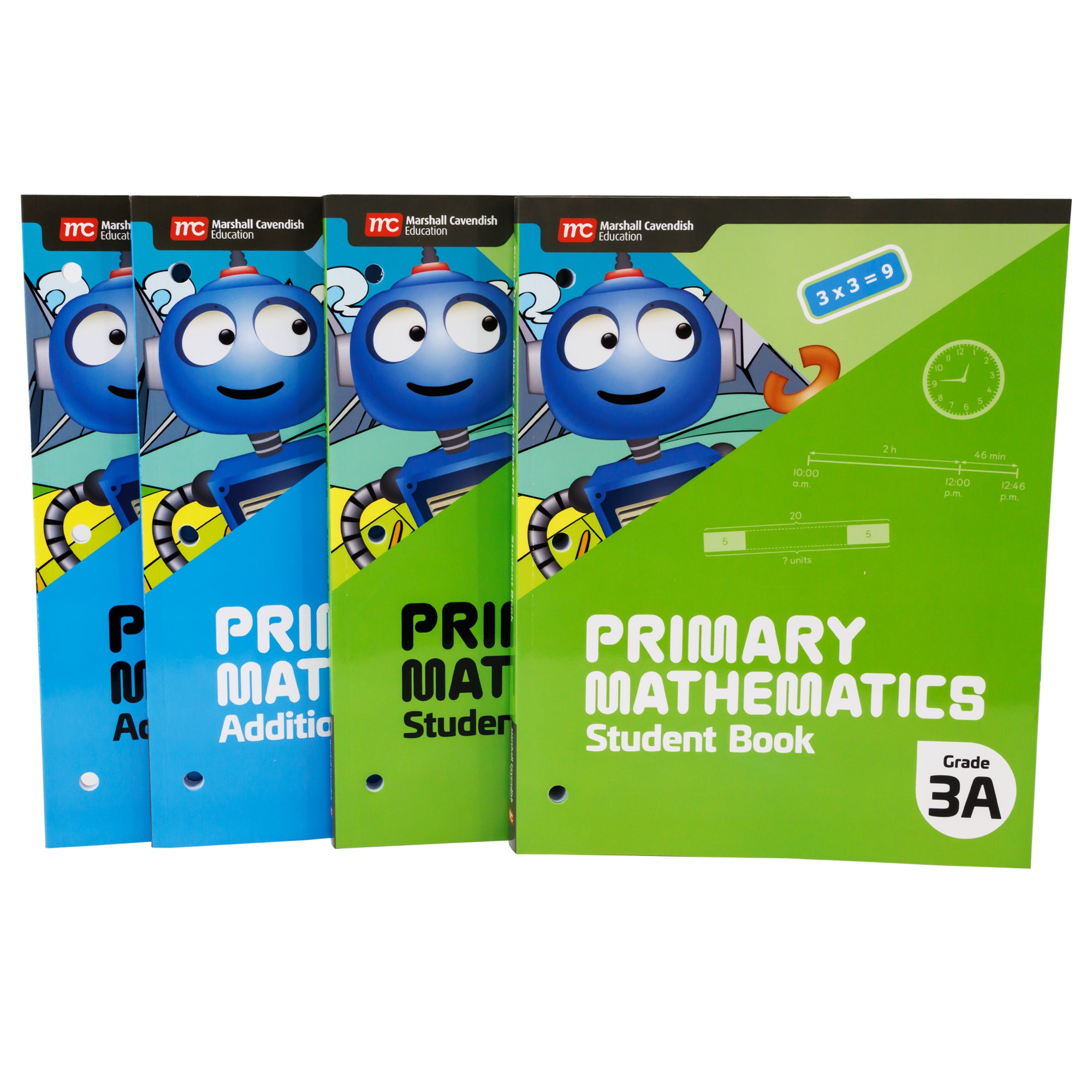 A row of 4 Singapore Primary Math third grade books. All books show a robot on the cover with a blue background on the 2 left books and a green background on the 2 right books.