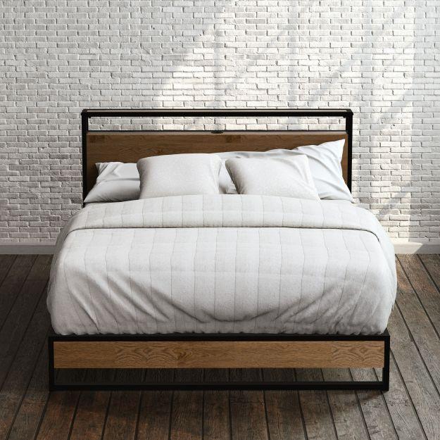 Wood Platform Bed Frame With Usb Port, Platform Bed Frame Queen With Headboard Wood