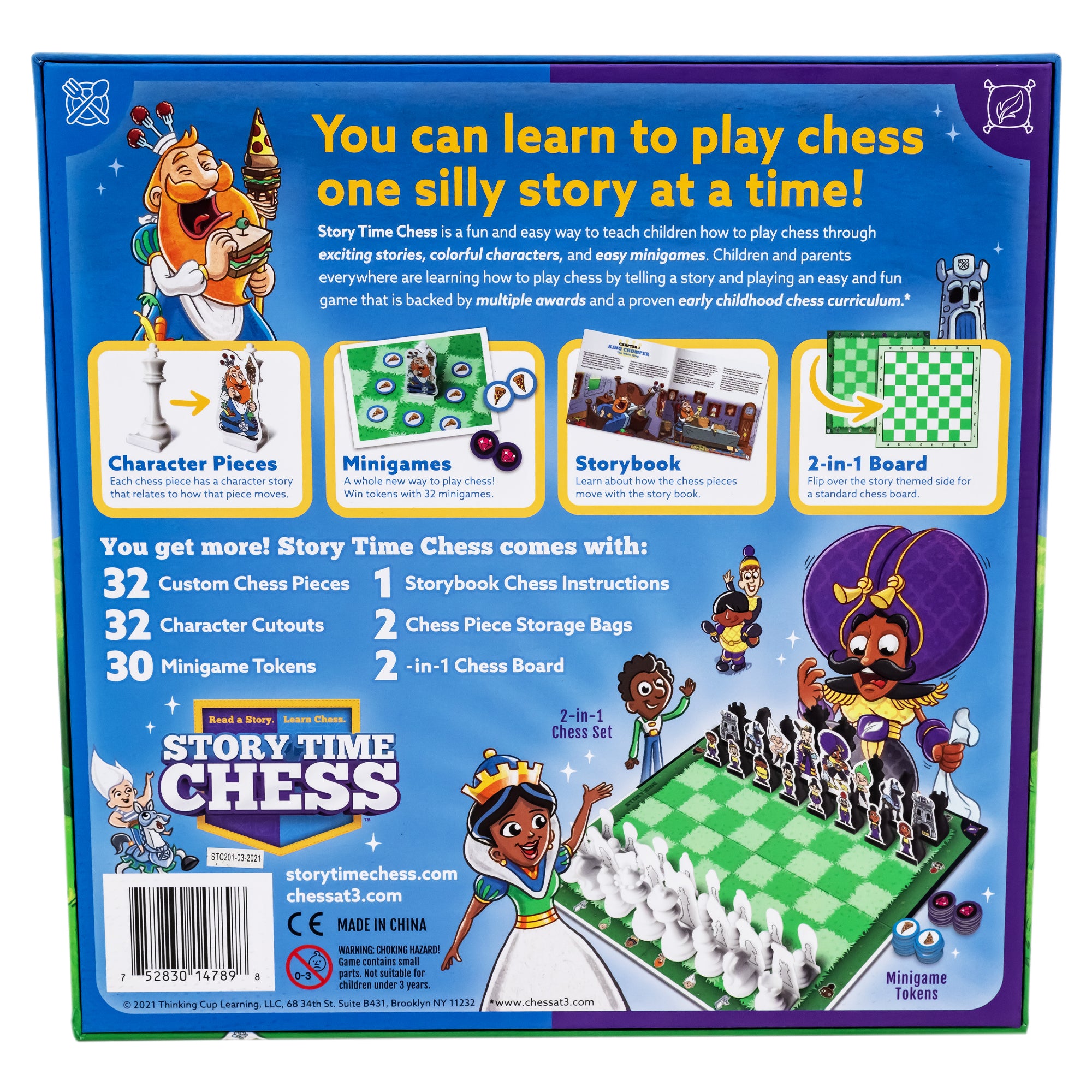 Story Time Chess Box back has a blue background. There is white text with a yellow header reading “You can learn to play chess one silly story at a time.” In the bottom-right corner, you can see a gameboard with the pieces in the starting position. There are several characters all over the box. Toward the top and across, are 4 pictures of pieces the set includes.