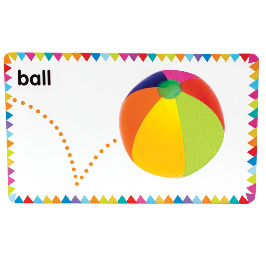 My First Touch and Feel Cards: First Words card showing a bouncing colorful beach ball with the word "ball" written in the top-left corner. The background is white and there are colored triangle-shaped flags all around the border.