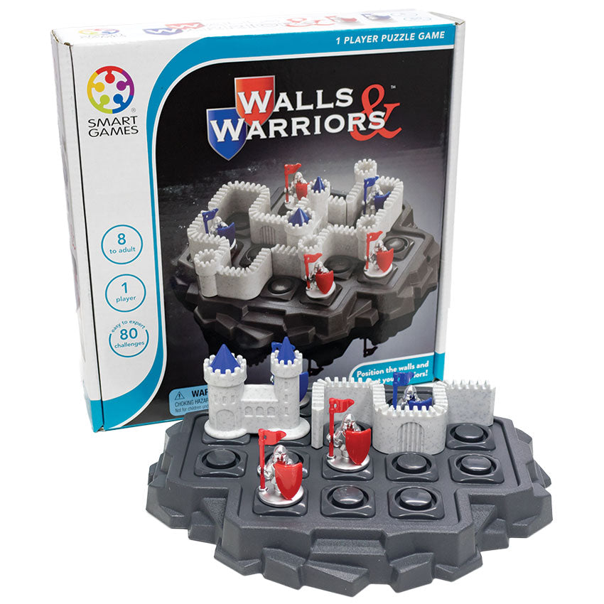 Walls & Warriors game box showing the game in play with the game setup in front of it. The game base looks like a gray rock island with circles cut into squares on the top, allowing game pieces to be put in place. The silver knight characters have red and blue flags and shields. There are castle wall pieces placed on the board, separating a blue knight piece from 2 red knight pieces.