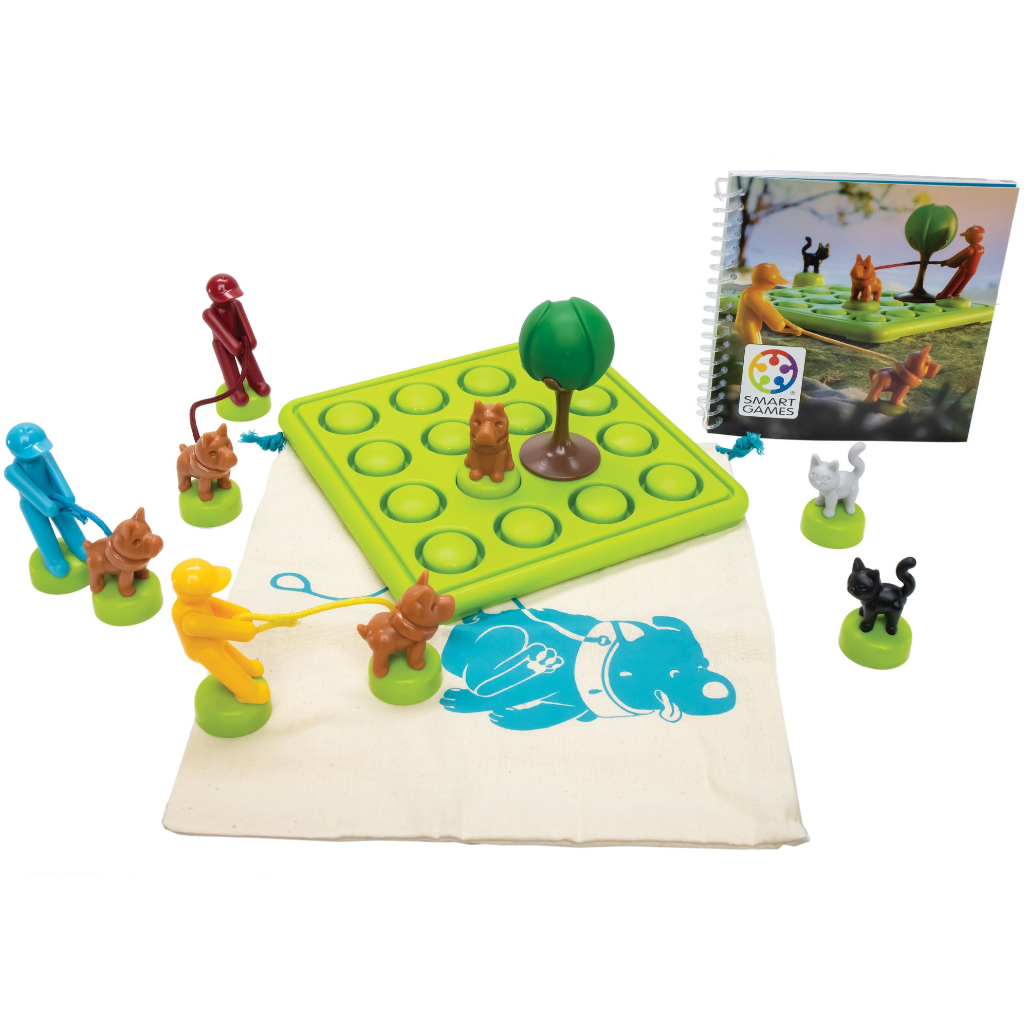 The Walk the Dog Smart Game contents laid out. The square game board is bright green with a grid of 4 by 4 circles that allow pieces to be placed on top. The pieces on top are colorful men with leashes attached to a dog, cats, and a tree piece. The game board is on top of a canvas bag. There is a spiral-bound game booklet in the upper-right with a picture of the game in play on the cover.