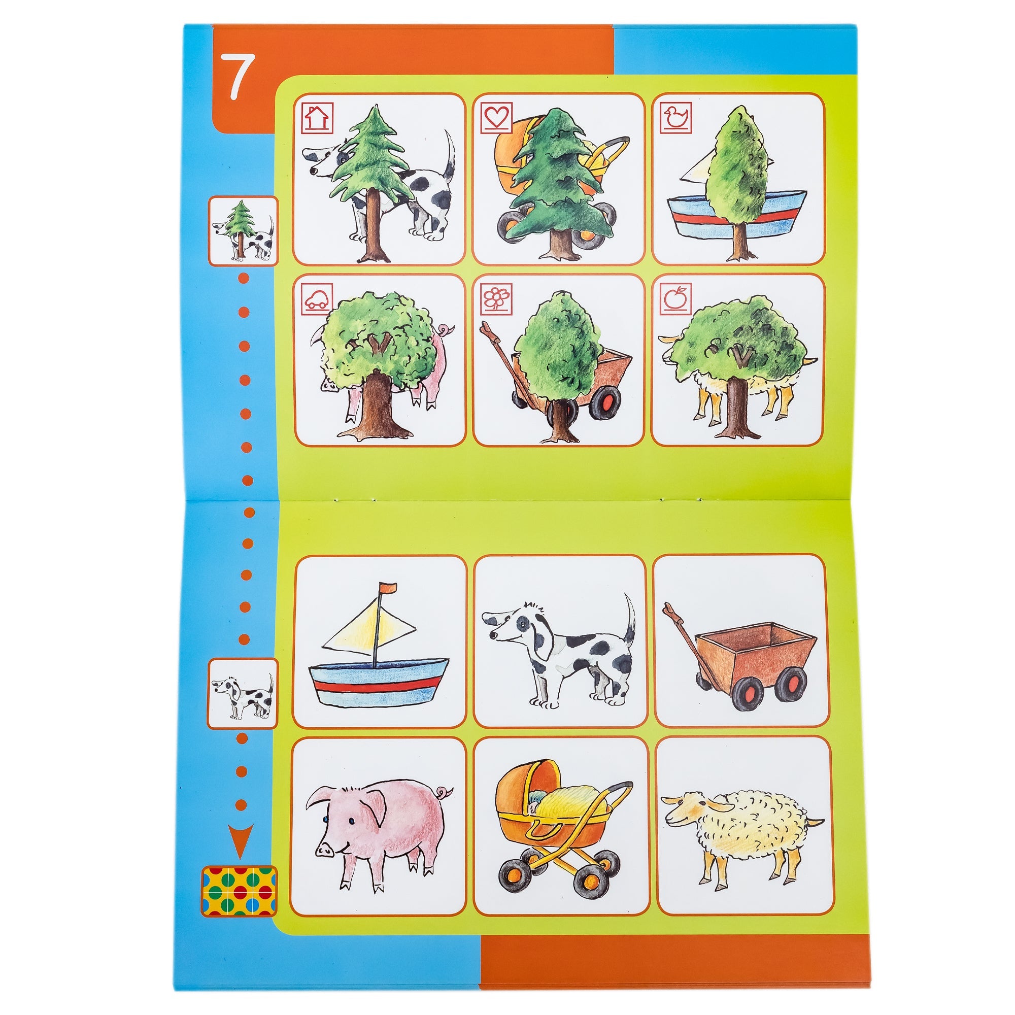 A Bambino L U K book open to show illustrations. The top portion shows 6 tile images of an object hidden behind a tree. On the bottom page, it shows 6 tiles of objects that are hidden behind the trees above. The objects are a boat, dog, wagon, pig, a baby carriage, and a sheep. The pages are blue, green, and orange.