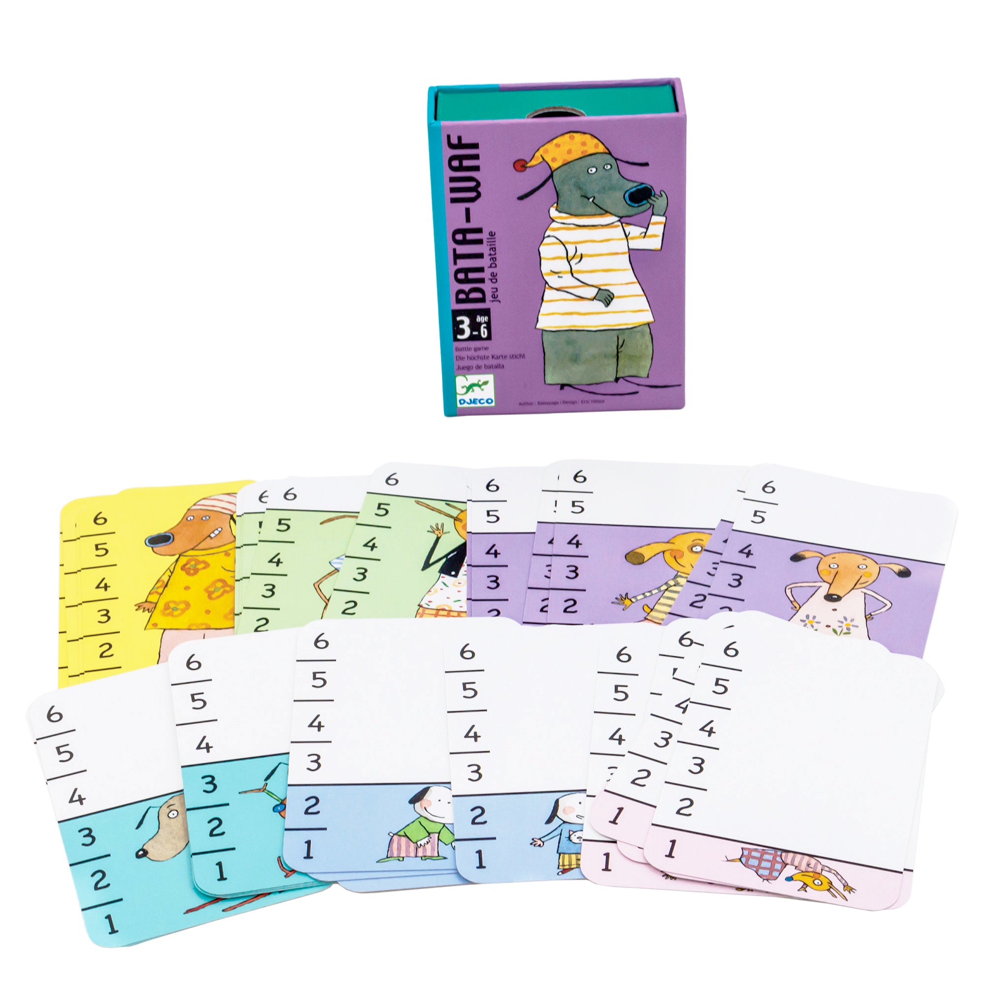 Djeco Bata-Waf card game box surrounded by cards. In the back, the card box is purple with teal sides. On the cover is a gray dog touching its’ nose. It is wearing a stocking cap, striped shirt, and gray pants. In front of the box are 2 rows of cards, fanned out. They are in different colors and all have the numbers 1 through 6 on the left side going from the bottom to the top. Each animal on the card is measured by the numbers, to indicate their size.