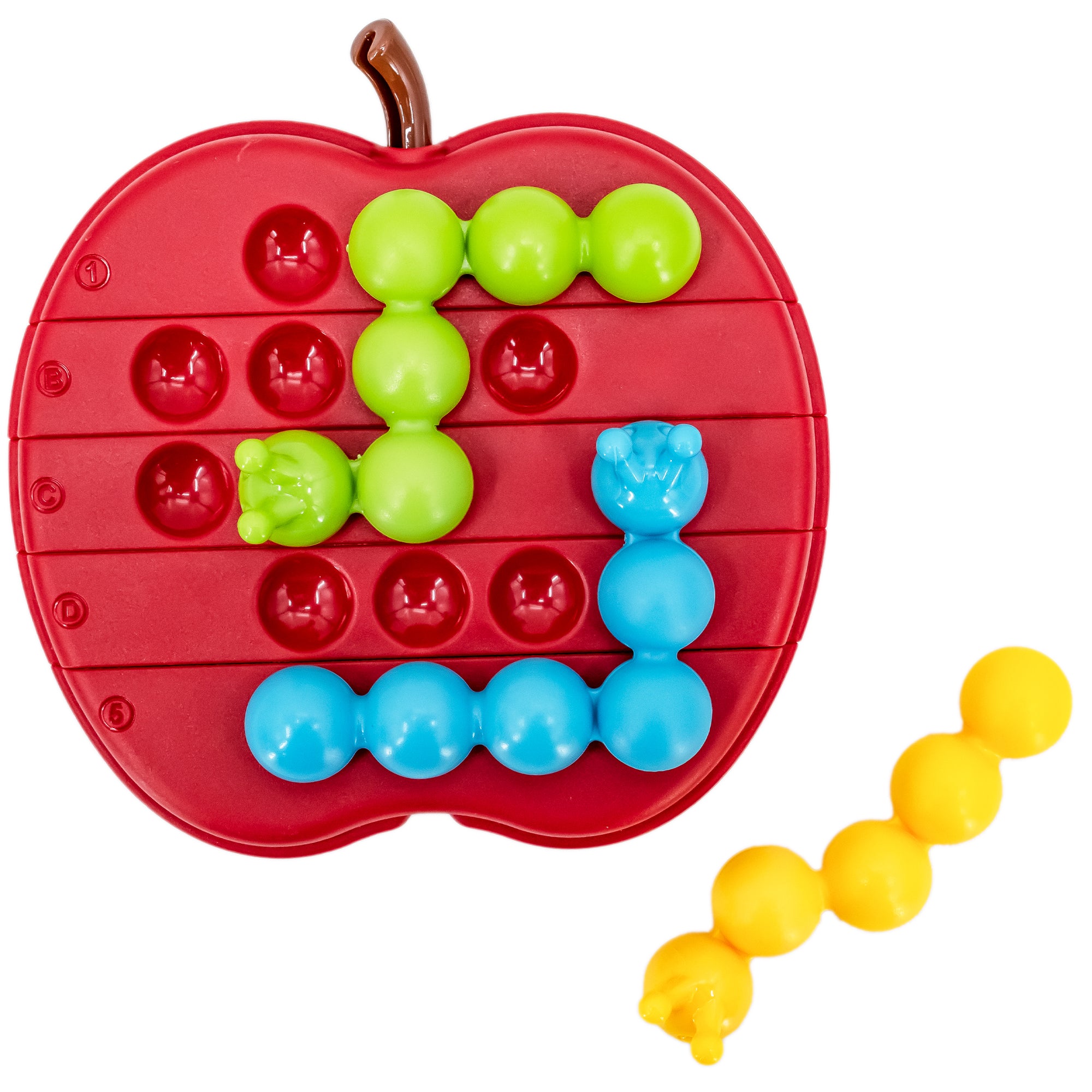 The Apple Twist Smart Game laid out with the green and blue caterpillar pieces in place on the board and the yellow caterpillar off to the right side, waiting to be put in place. The apple game board is red with a brown stem and has lines through it, indicating that the pieces on the board can be twisted.