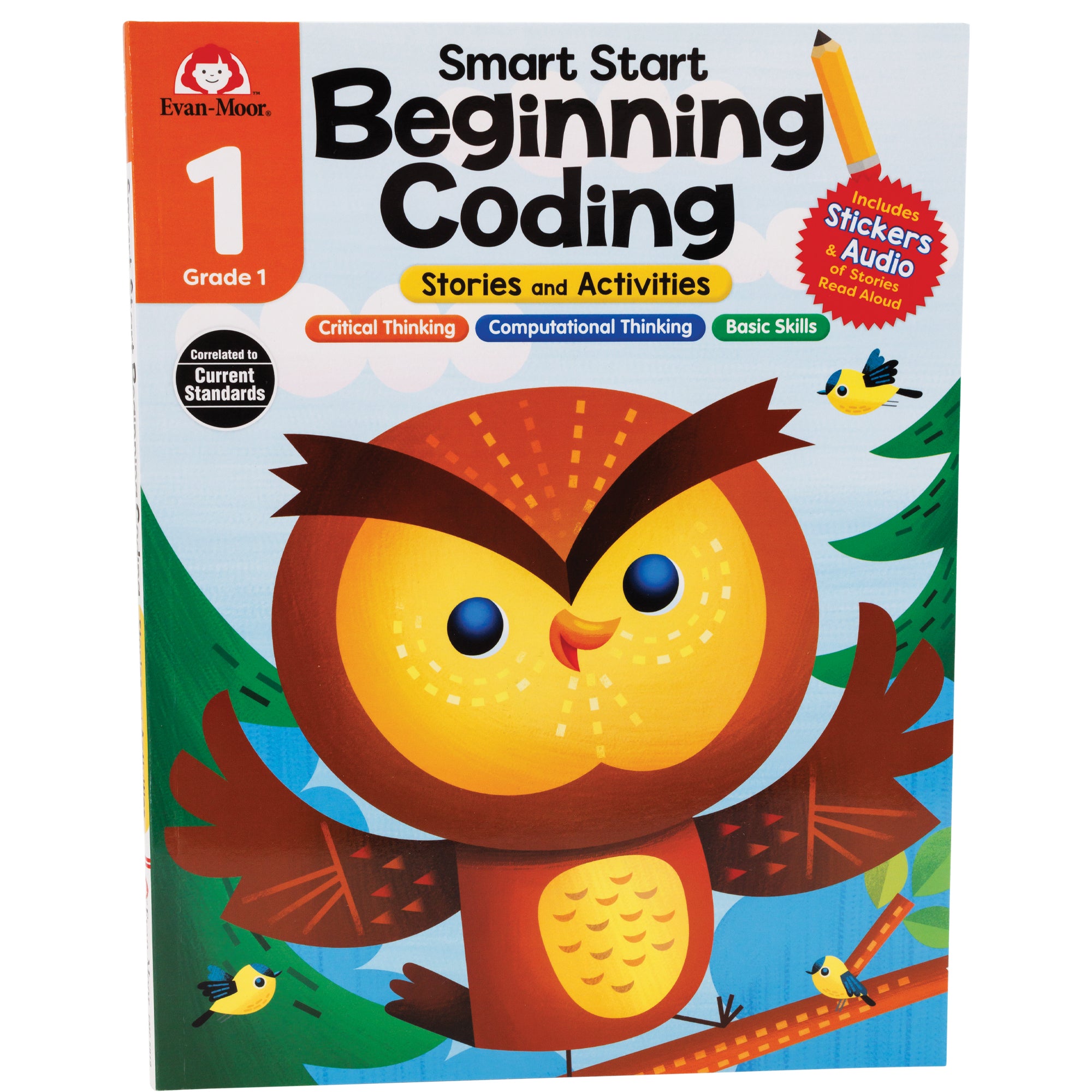 Smart Start Beginning Coding book. The title is at the top over a forest trees and blue sky background. A brown and yellow owl in the middle is perched on a branch surrounded by 3 small yellow, blue, and black birds.