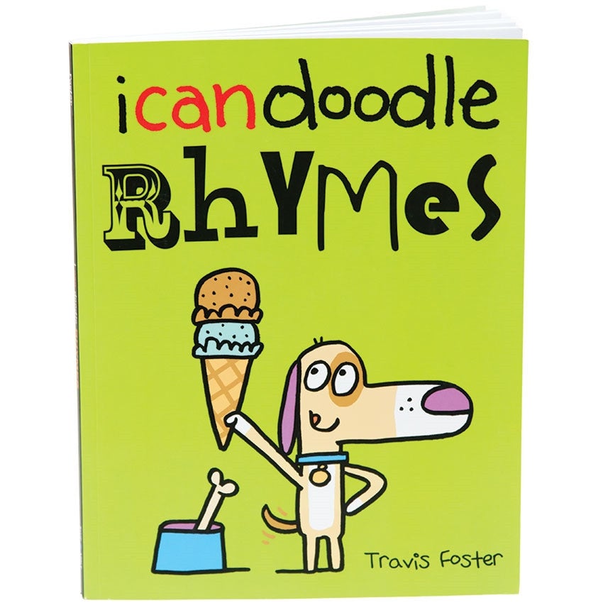 I Can Doodle Rhymes cover. Bright green background with an illustration of a dog holding a 2-scoop ice cream cone. The dog is looking up at the ice cream with his tongue licking his lips and wagging his tail in anticipation of eating the ice cream. To the left of the dog is a blue bowl with a bone in it. The title at the top is in a font that looks like a child wrote it, except the R in "rhymes" is a fancy circus type font.