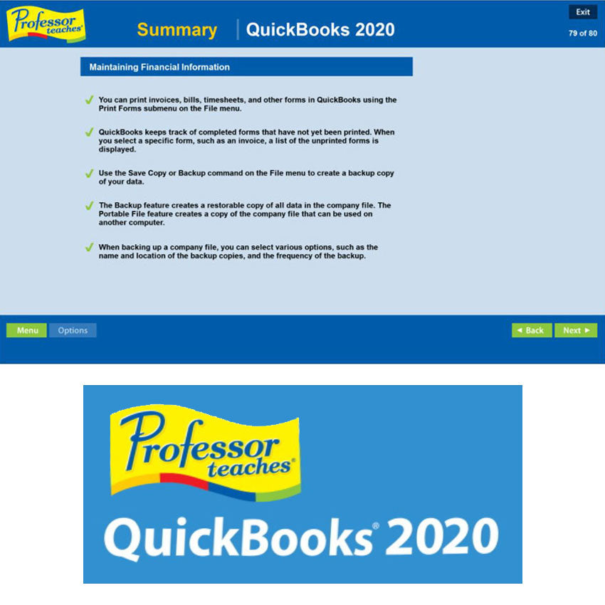 Professor Teaches Super Set DVD-Rom screenshot of a QuickBooks 2020 tutorial. Screen shows tutorial instructions about "Maintaining Financial Information." The background is a light blue with darker blue borders.