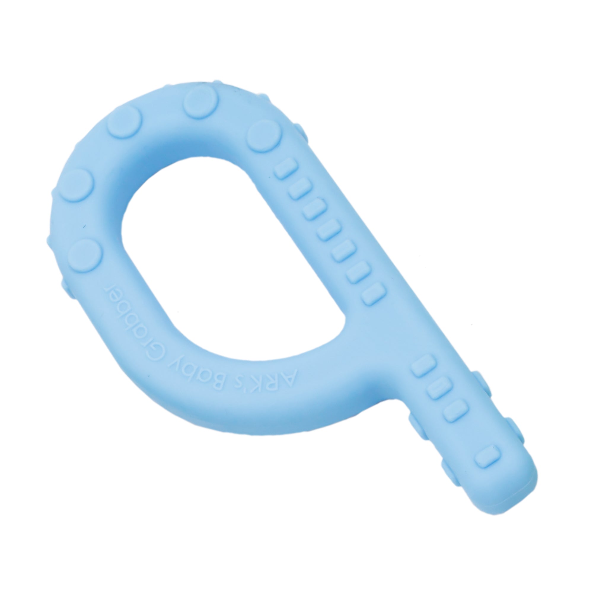 Light blue teether in the shape of a P with small round and rectangle nubs. Ark's baby grabber is embossed on the rounded piece.