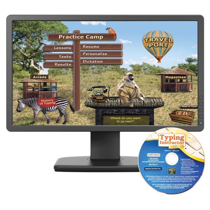 Typing Instructor Gold CD-Rom disc with a keyboard and blue background with white text. Behind the disc is a computer monitor with a screenshot on it of the main menu, or "Practice Camp," for the Typing Instructor Gold. Screenshot shows a safari-type background with 2 wood huts, a hot air balloon, zebra, monkey, and parrot. The monkey sits on a help desk next to a phone. A sign post shows the following options; lessons, tests, results, resume, personalize, and dictation.