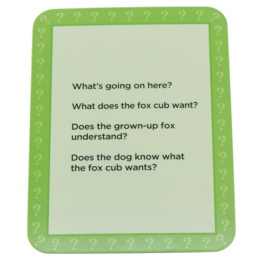 What’s Going on Here Conversation Card back with 4 questions; “what’s going on here? What does the fox cub want? Does the grown-up fox understand? Does the dog know what the fox cub wants?” The card is light green with a darker green border and light question marks all the way around the card.