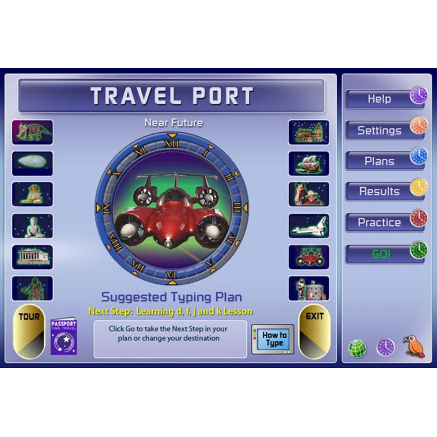 Typing Instructor screenshot showing a water jet ship with a round roman numeral frame that resembles a clock. The page title reads "travel port." On either side of the main pic are 6 images on each side of different historical buildings, animals, and objects. To the right are 6 menu buttons. There are several travel themed illustrations on the bottom of the page.