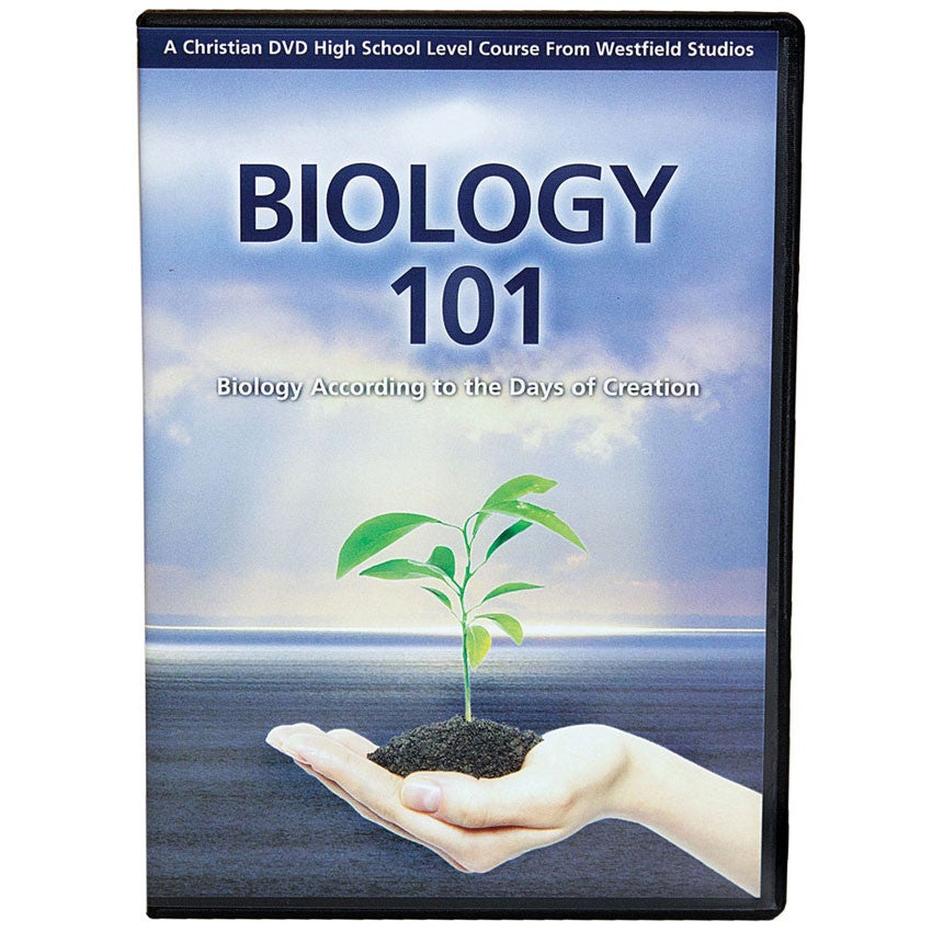 Biology 101 DVD case. The cover shows a cloudy day over an empty field. The title is in a dark blue at the top of the image and there is a hand holding a sprouting plant in a pile of dirt at the bottom of the image.