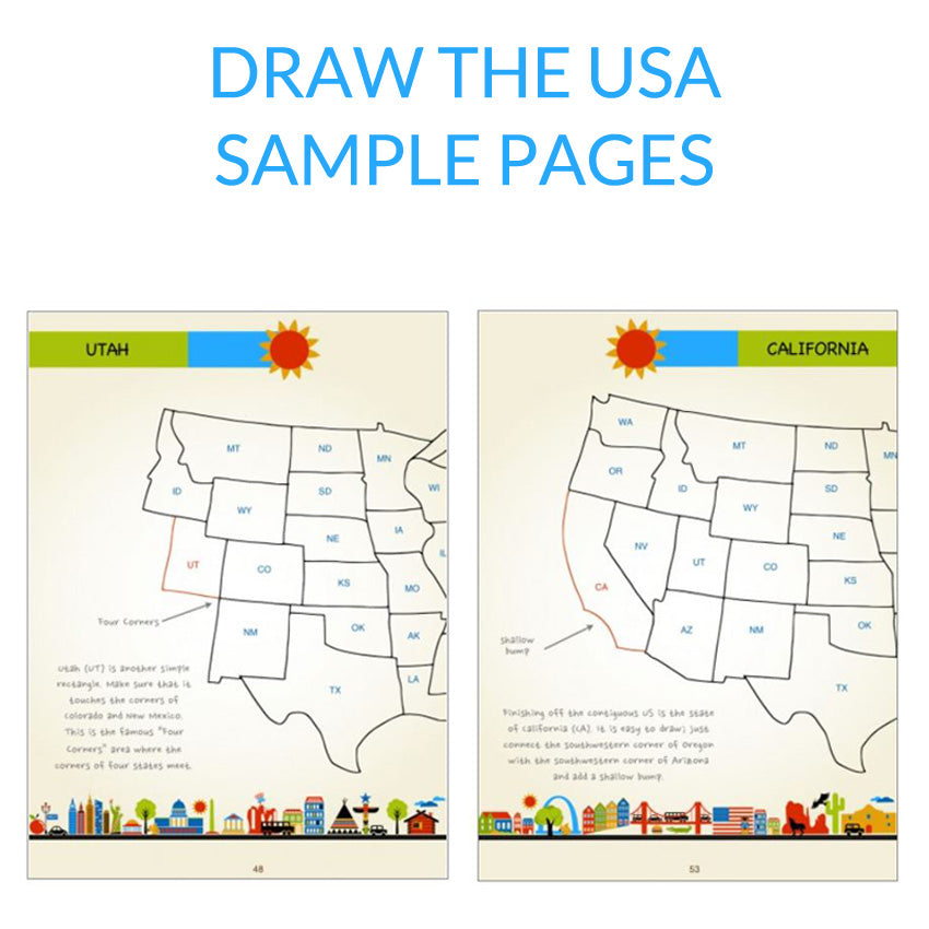 The Draw the U S A sample pages, 2 pages from the book shown. The left page shows Ohio being drawn in red and connected to the north-eastern states. The right page shows the whole USA drawn out and colored different colors. The bottom of the pages are bordered with town buildings, skyscrapers, houses, trees, clouds, planes, and iconic buildings from around the USA.