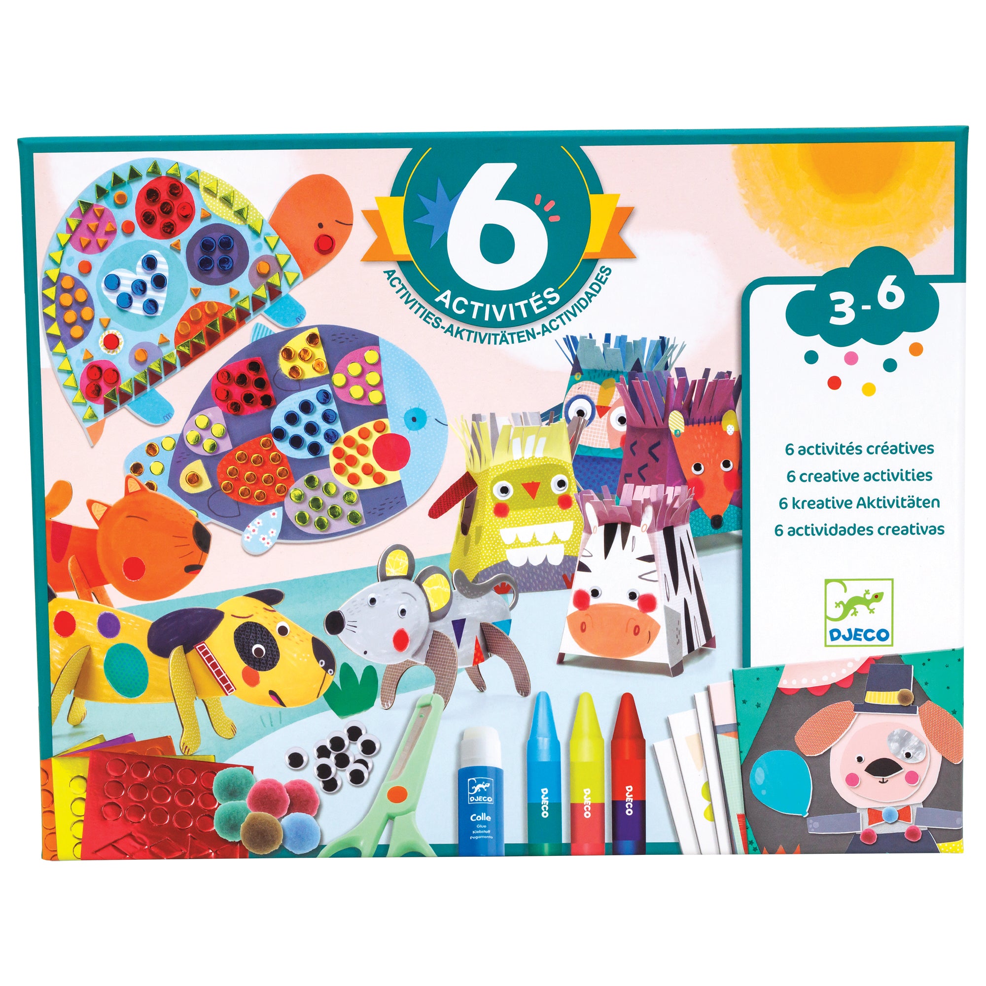 The Djeco Animals and Their Homes, Multi-Activity Box. On the busy cover, you can see all the animal projects with the pieces for the projects. In the top right are a jeweled turtle and fish. In the middle are 4 box-shaped animals. In the lower-left are a 3 D standing cat, dog, and mouse. Along the bottom of the box are sticker sheets, pom-poms, eyes, scissors, a glue stick, crayons, and project sheets. Age recommendation is 3 to 6.