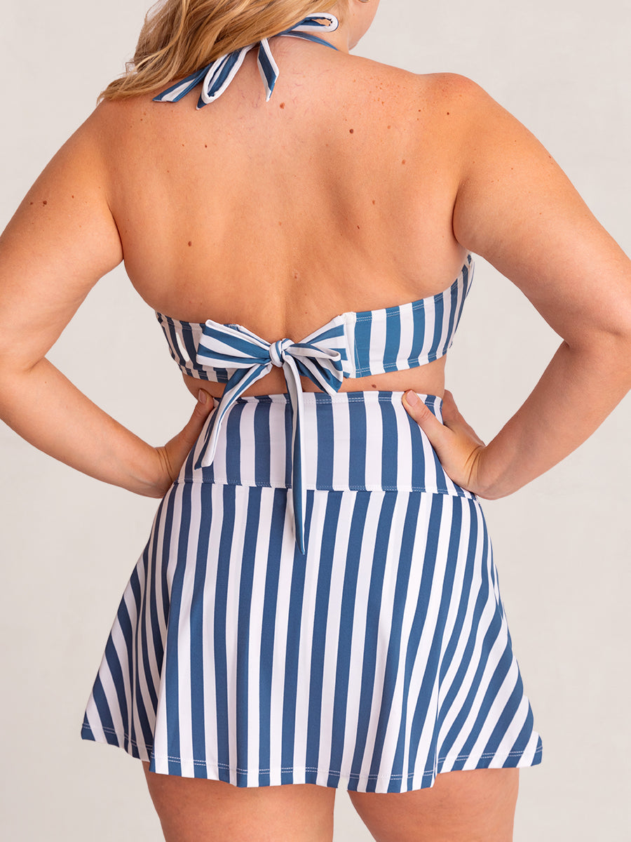 High Waisted Full Coverage Swim Skirt Blue Stripes