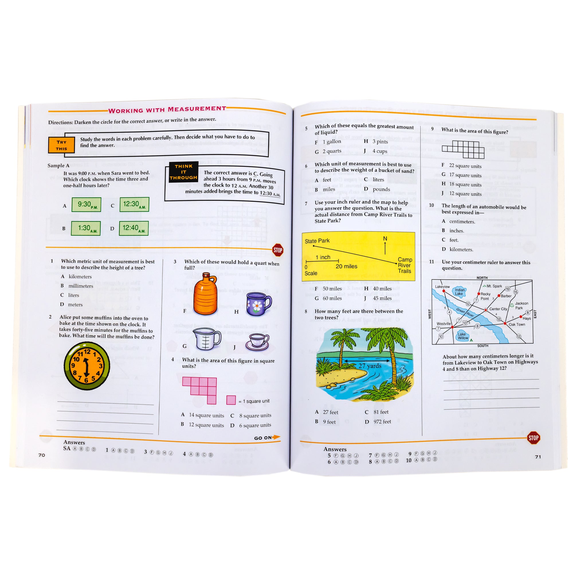 Test Prep Grade 5 book open to show inside pages. The left page has a sample question at the top, 3 multiple choice questions, and 1 sentence question. The right page has 6 multiple choice questions and 1 sentence question. There are several illustrations on both pages.