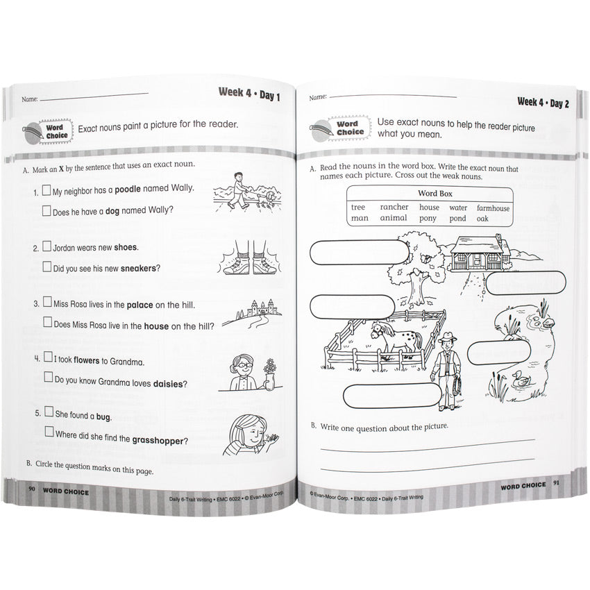 Daily 6 Trait Writing Grade 2 book open to show inside pages. The pages are white with gray rectangles bordering the bottom. The left page shows sentences with accompanying illustrations that you are to mark, showing which sentences have an exact noun. The right page shows a farm with bubbles to write words next to the objects that are exact nouns.