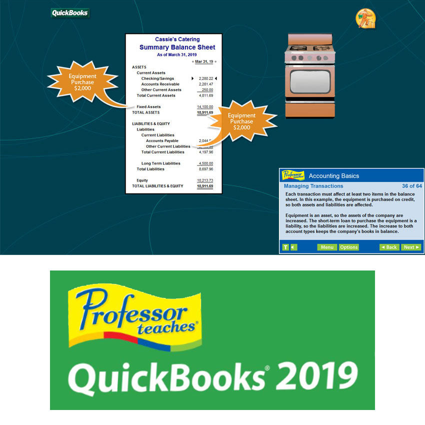 Professor Teaches Super Set DVD-Rom screenshot of a QuickBooks 2019 tutorial. Screen shows a dark teal background with an illustration of a summary balance sheet anf a peach colored stove. In the lower-right of the screen is a tutorial window with instructions titled "Account Basics."