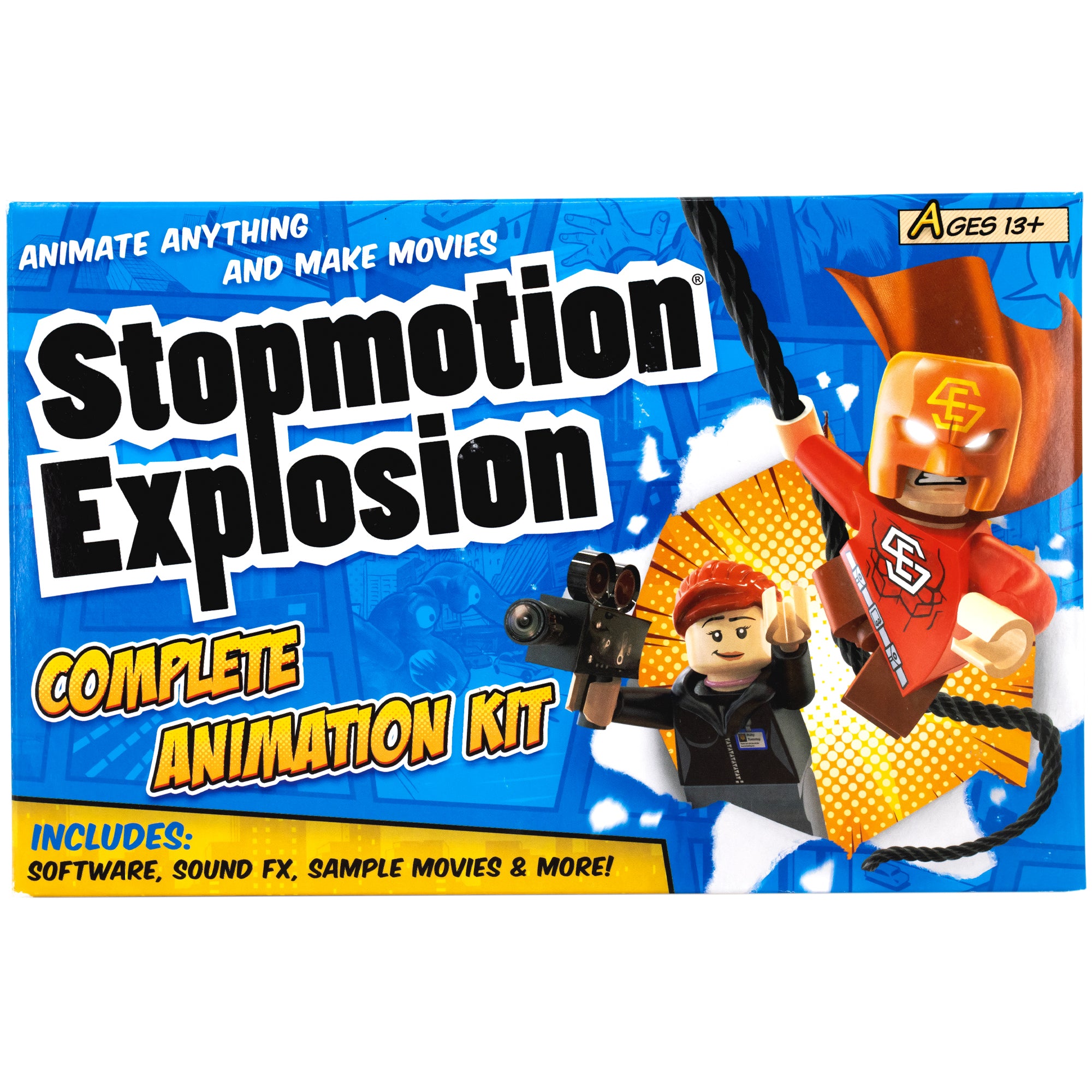 Stopmotion Explosion Complete Animation Kit box. The box is mainly blue with comic book illustrations throughout. Under the title on the left is a yellow section with the following text: “includes software, sound F X, sample movies, and more.” To the right of the box is an explosion of 2 Lego characters tearing through the background. The male superhero, hanging from a rope, is wearing a red suit, cape, and orange helmet with glowing white eyes. The girl on the left is holding a movie camera.