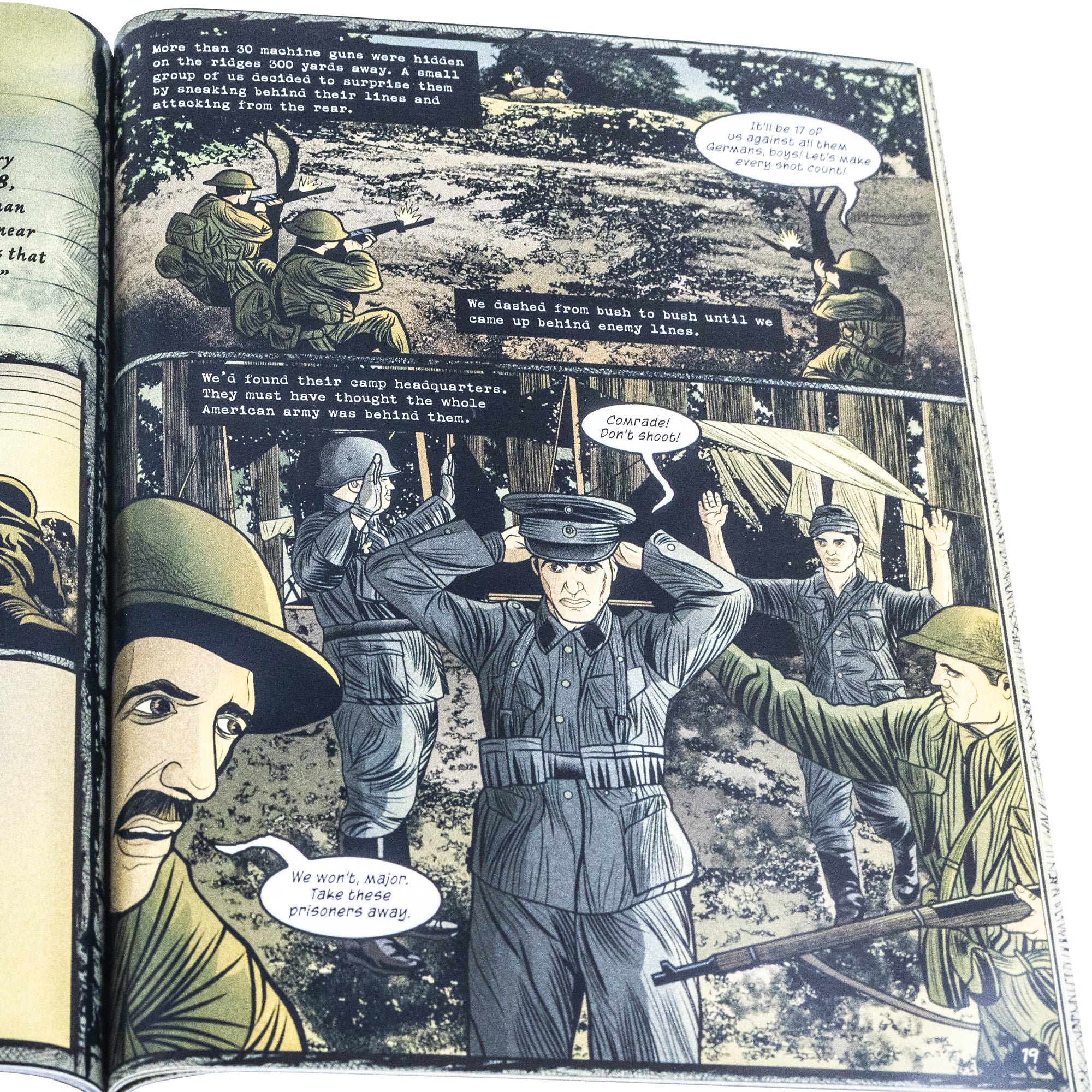 True Stories of War open to show inside pages. The left page is cut off near the spine, so you are not able to see that page. The right page shows American soldiers sneaking up behind German soldiers operating machine guns on a ridge and taking them captive. The book is a comic book style layout with squared illustrations and talk bubbles.