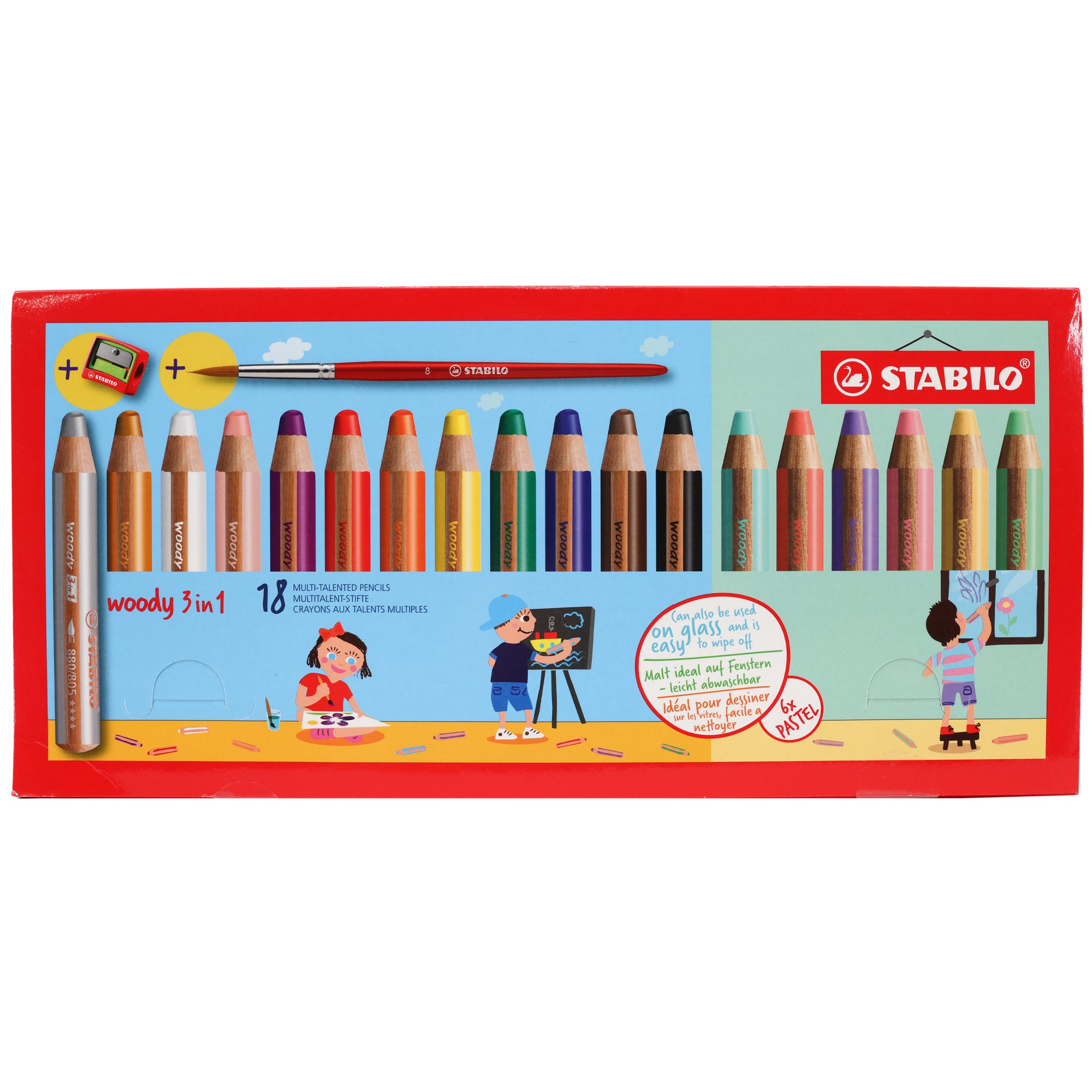 Stabilo Woody set box cover. 18 thick pencils in a variety of colors shown with sharpener and paint brush. Illustrations of a girl drawing a flower, a boy painting a boat, and a boy drawing plants on a window.