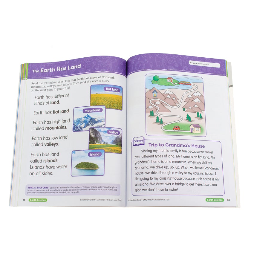 Smart Start Stem Pre K book open to show inside pages. The pages are white with a purple border at the top and the title “The Earth Has Land” on the top. The left page shows 4 images of flat land, mountains, a valley, and an island down the right side of the page with text to the left explaining them. The right page shows a large image at the top of a car driving from a home on flat land through the mountains and valley, across a bridge, and onto an island. The text below is about a trip to grandma’s house.