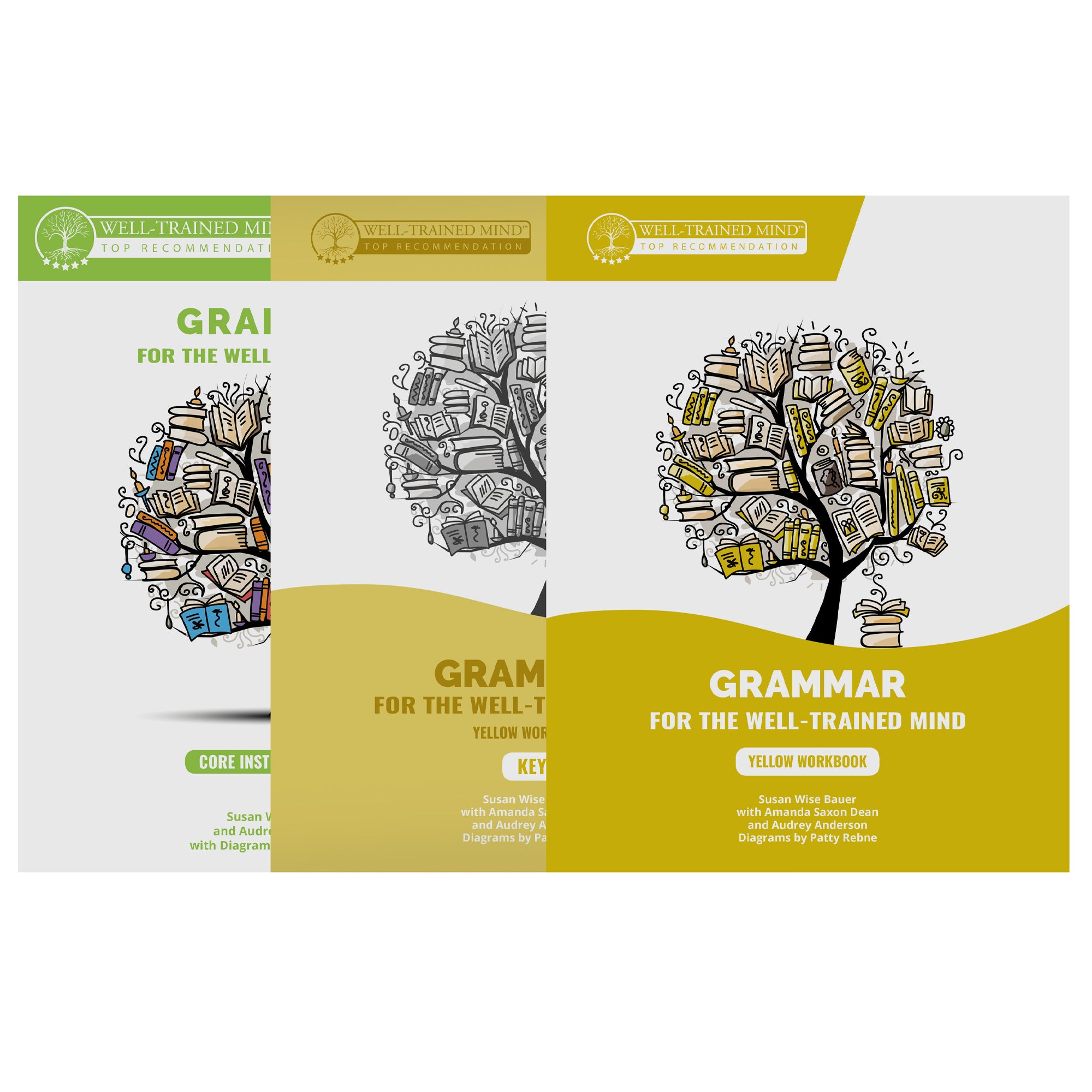 Grammar for the Well-Trained Mind Yellow bundle of 3 books. The front book has a white top and a yellow bottom with a wave shape between the 2 colors. There is an illustration in the white section of a tree with books for leaves and a stack of books near the trunk. In the yellow section at the bottom is white text, including the title and “Yellow Workbook.” Tucked behind the yellow book is a lighter yellow version of this book, then a green version behind the light yellow book.