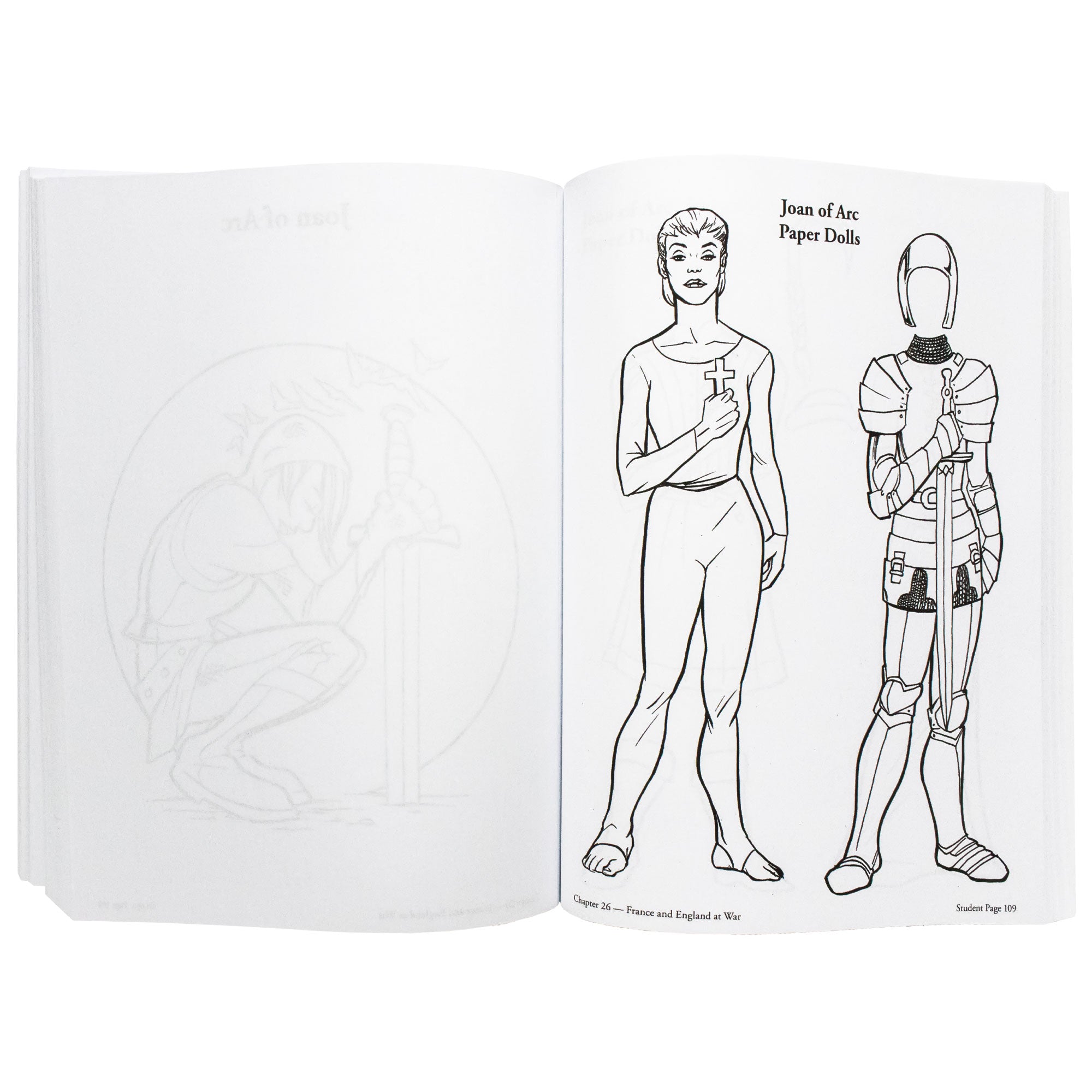 The Story of the World 2 Activity book open to show inside pages. The left page is blank, but you can see through to a black and white coloring page of Joan of Arc on the other side. The right page shows a Joan of Arc Paper Doll with a suit of armor to the right to fit over the top.