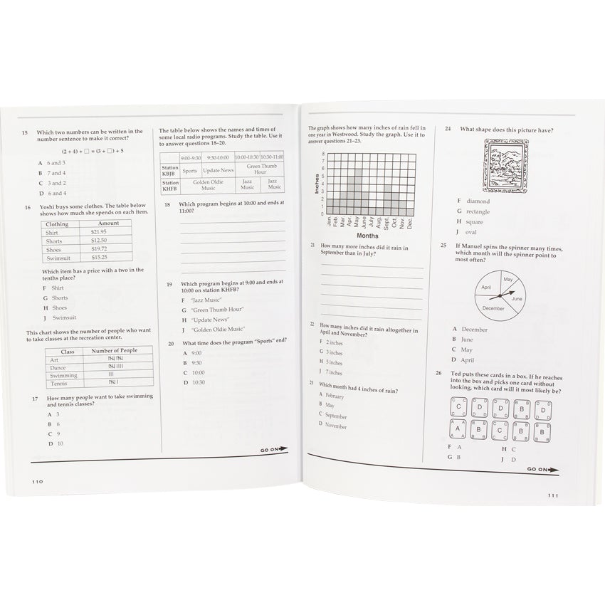 Test Prep Grade 4 book open to show inside pages. The left page has 3 tables of information, 5 multiple choice questions, and 1 sentence question. The right page has 4 illustrations, 5 multiple choice questions, and 1 sentence question.