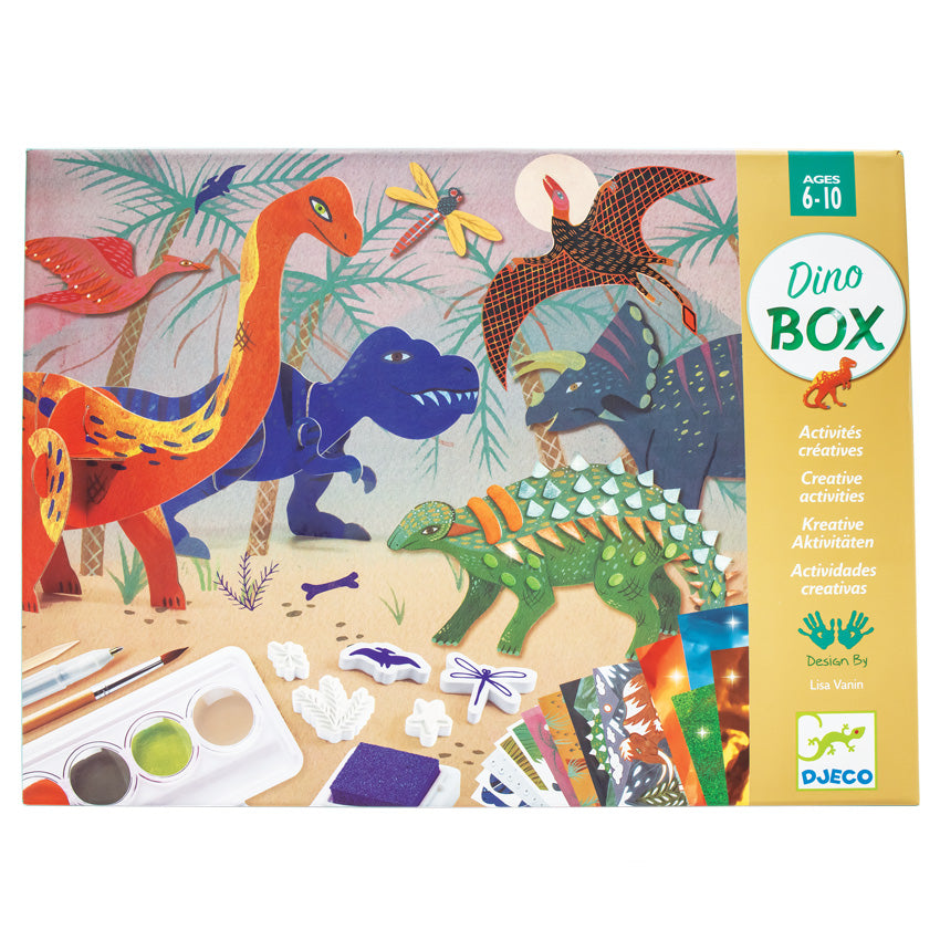 The Djeco World of Dinosaurs box. The cover shows palm trees in the background with dinosaurs coming out of the woods and congregating in the middle. The dinosaurs are a brachiosaurus, T Rex, pterodactyl, triceratops, and ankylosaurus. The bottom of the box shows contents of the kit, including; a paint tray, art tools, stamps, a stamp pad, and project sheets. Age recommendation is 6 to 10.