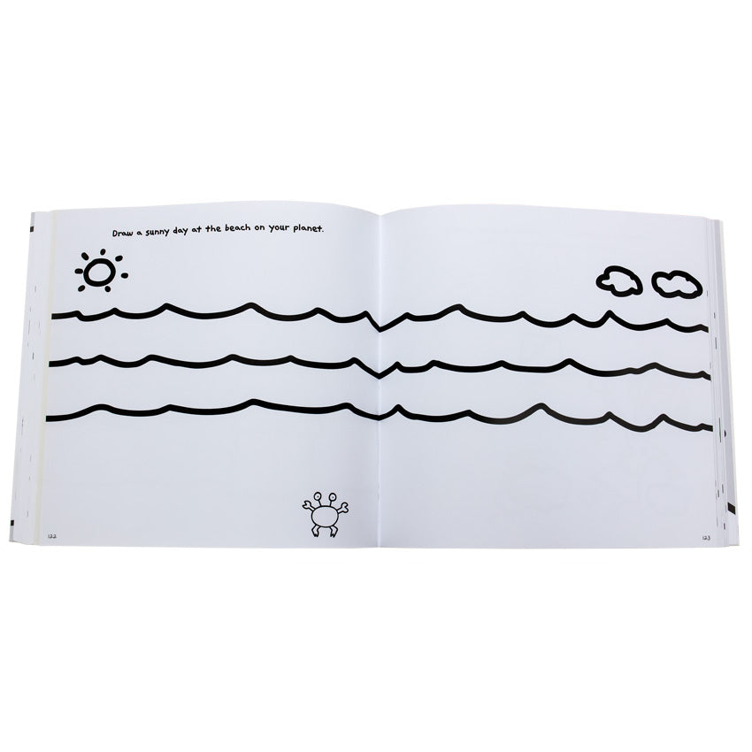 Create Your Own Planet book open to show inside pages. There is a beach with waves stretched across the 2 pages. On the left page is the text “Draw a sunny day at the beach on your planet” at the top with a sun doodle underneath and a crab in the bottom-right of the page. On the right page, there are 2 cloud doodles in the top-right of the page.