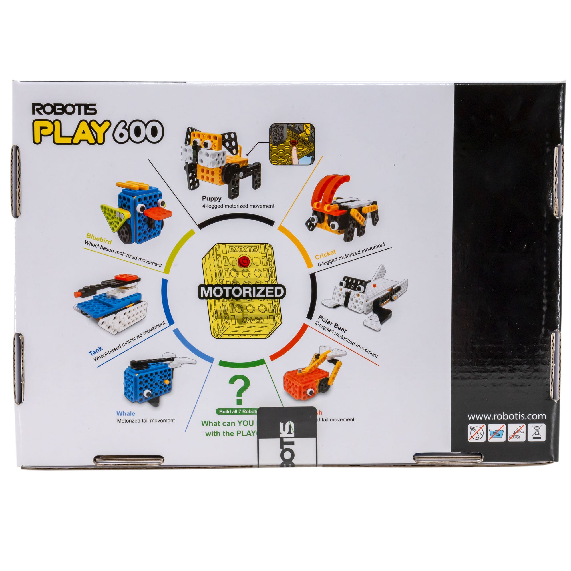 Robotis Play 600 Pets box back showing the project build options, including a whale, tank, bluebird, puppy, cricket, polar bear, and goldfish. Thes all surround the motorized yellow piece on a white background.