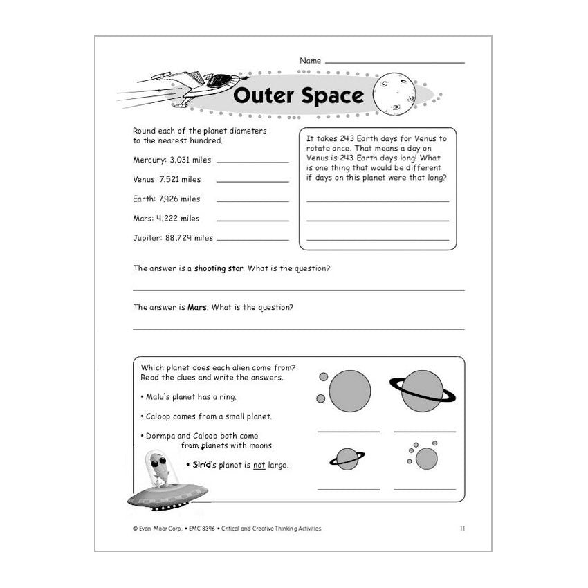 Critical & Creative Thinking book 6 sample page. There is an illustration of a space ship and a moon at the top next to the title “Outer Space.” Below are space themed activities, including rounding problems, a story problem, Q & A, and a logic problem with planets and aliens.