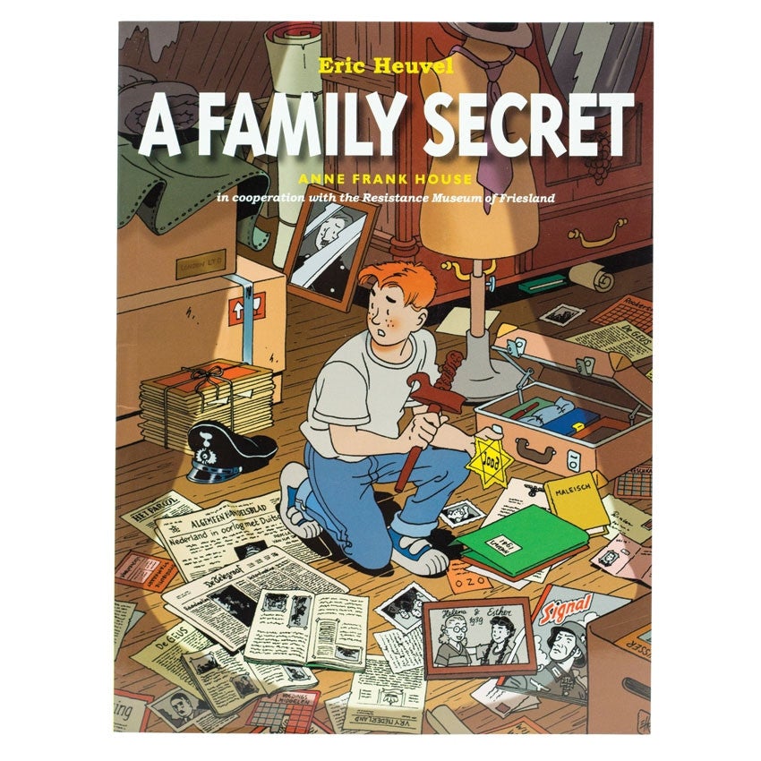A Family Secret book cover shows a red-haired teenage boy in an attic with scattered books, photos, and papers all over the floor. There is an open suitcase next to him and boxes in the background. He is holding a covered dagger in his right hand and a Star of David in his left. He is looking over his shoulder in concern.