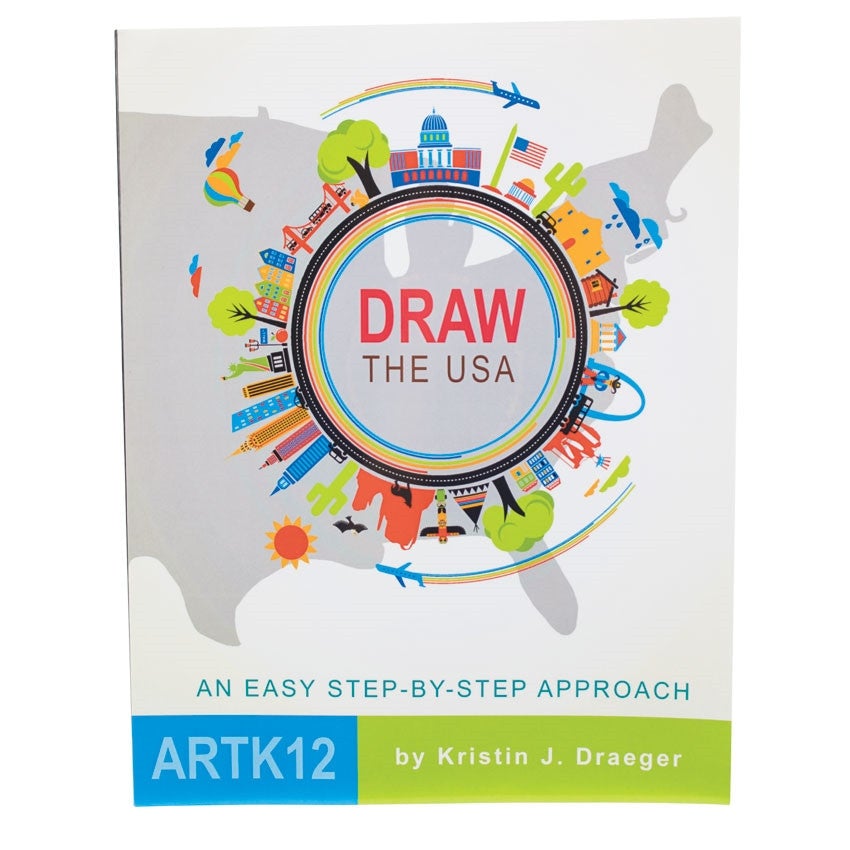 Draw the U S A book standing up to show the cover. The background has a gray silhouette of the right side of the USA. Over the top is a group of circles with the title in the middle. Around the colored circles in the middle is a road circle. All around the road circle are town buildings, skyscrapers, houses, trees, clouds, planes, and iconic buildings from around the USA. Text on the bottom reads, “an easy step-by-step approach.”