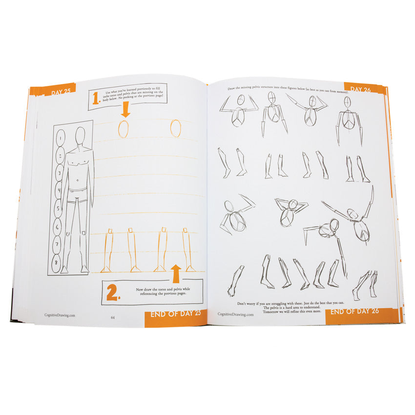 Cognitive Drawing book open to show inside pages. The left page shows an outline of a male body. There are 2 spots to the right, partially drawn, that allow you to finish drawing the body. The right page shows an upper half of a body and legs in many positions of movement.